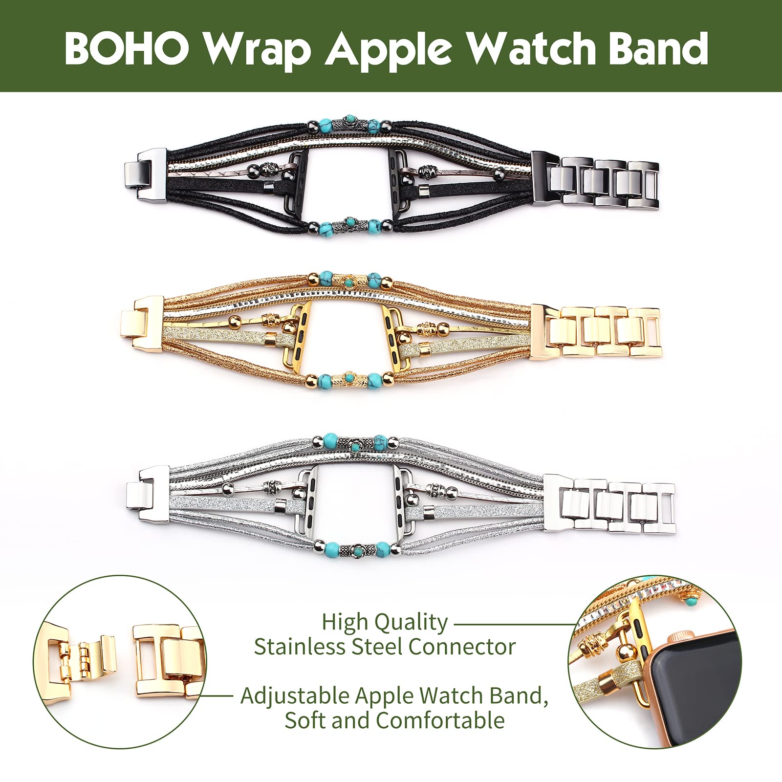 Boho Leather Apple Watch Band for Women & Men - Compatible with Series 10/9/8/7/6/SE/Ultra 2/5/4/3/2/1 (38mm-49mm) | Multilayer Wrap Bracelet Strap for Dressy & Casual Style | Perfect for Work, Travel & Everyday Wear