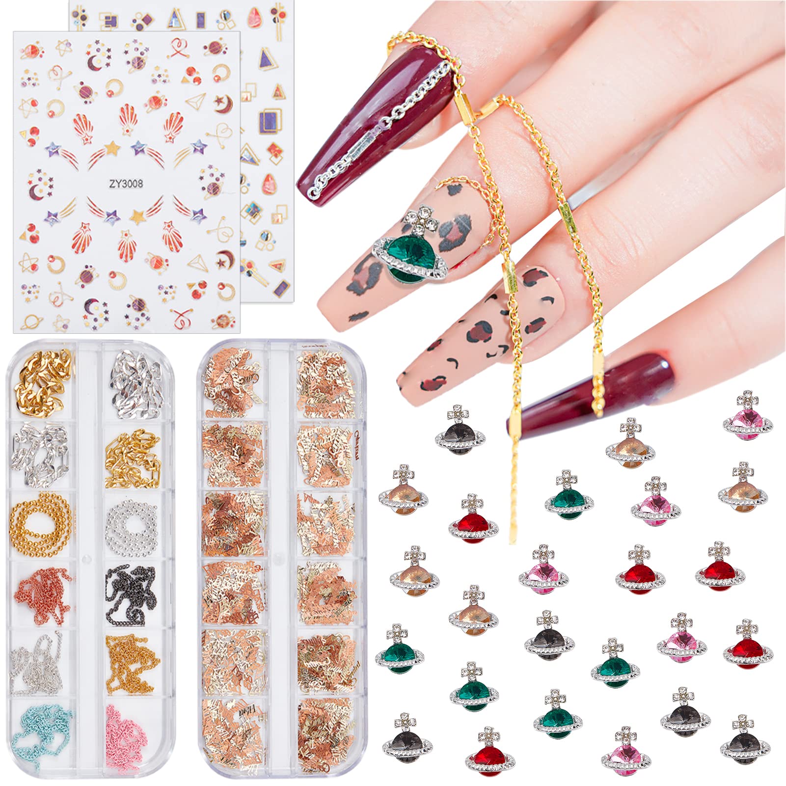 600Pcs NICENEEDED Zodiac Constellation Nail Charms - Saturn Rhinestones, Planet Stickers & Mixed Shape Manicure Accessories for Nail Art Design, DIY Crafts - Perfect for Women & Girls' Home Manicures, Party Nail Decorations and Gift Making