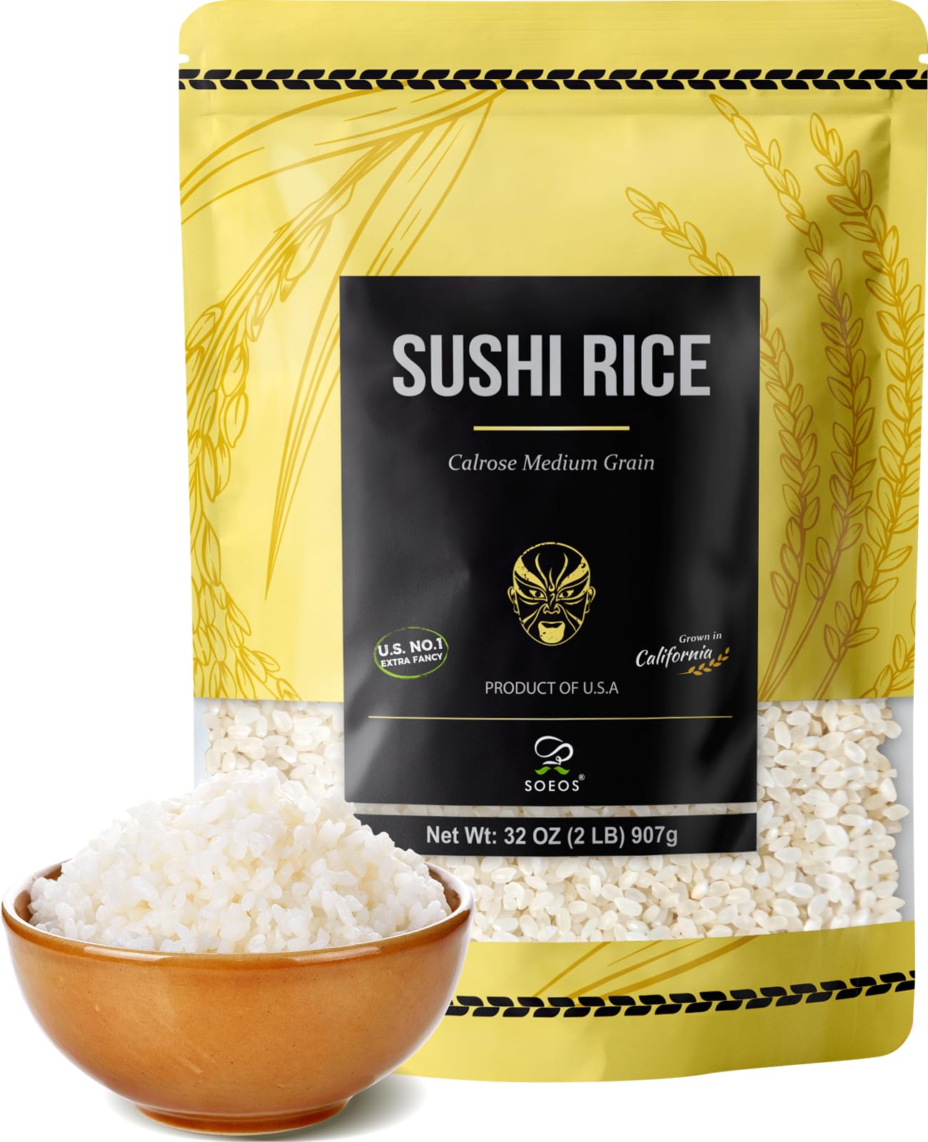 Soeos Premium Sushi Rice - Medium Grain White Sticky Rice for Perfect Sushi Rolls, Japanese Cuisine & Asian Dishes - 2lb (32oz) Calrose Rice - Ideal for Home Cooking, Restaurant Use & Meal Prep