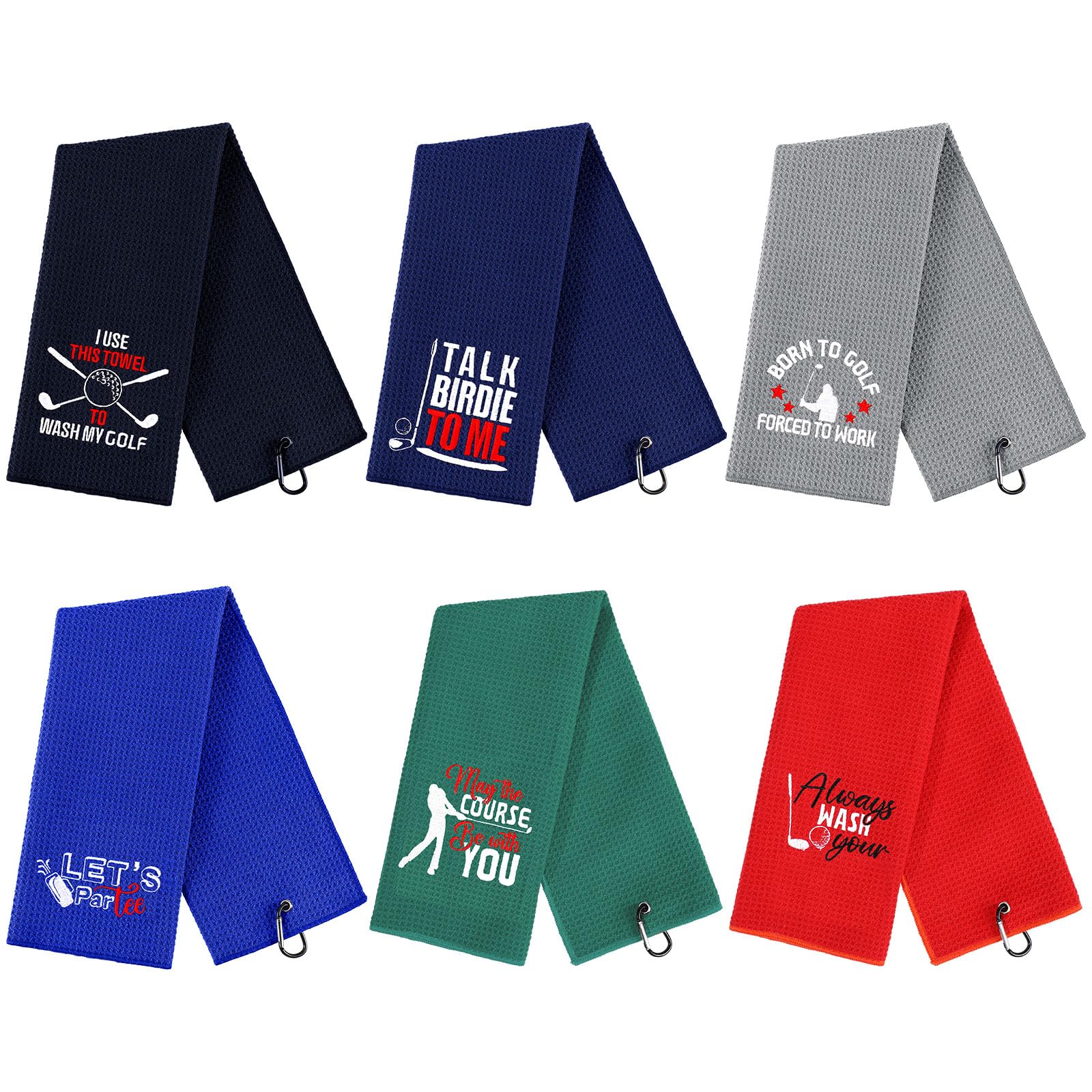 6 Pack Embroidered Funny Golf Towels with Clip - Golf Gifts for Men, Golf Bag Accessories, Golf Ball Towels - Perfect for Dad, Husband, Boyfriend, Club Fans - Birthday Gift (6 Colors) - Ideal for Golf Courses, Driving Ranges & Clubhouse Use