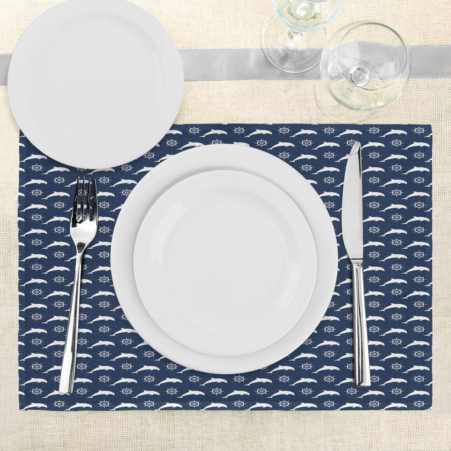 Lunarable Dolphin Place Mats Set of 4 - White Maritime Design with Dolphin Silhouettes & Steering Wheels - Washable Fabric Table Mats for Dining Room - Standard Size Night Blue - Perfect for Beach House Decor, Nautical Theme Parties & Coastal Style Dining