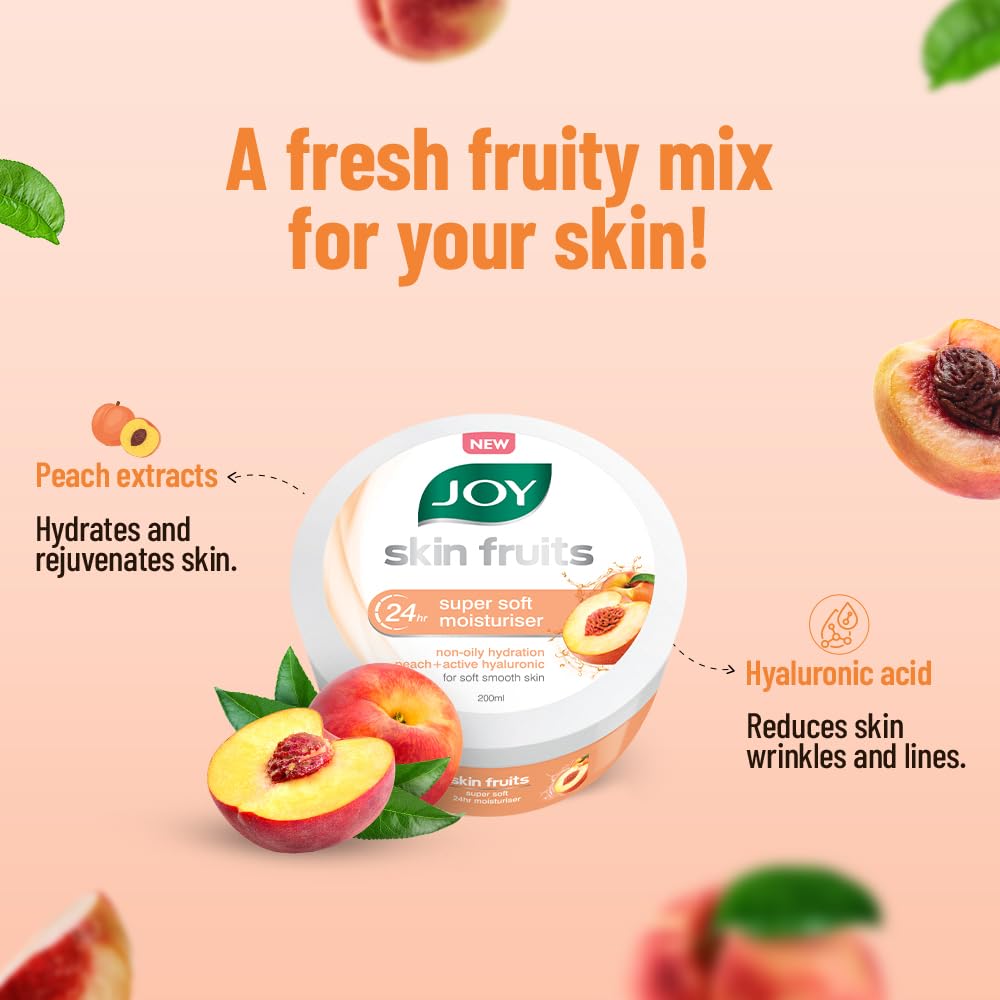 Joy Skin Fruits Super Soft Moisturizer with Peach & Hyaluronic Acid (200ml) - 24H Hydrating Face, Hands & Body Cream | Oil-Free, Non-Greasy Formula for Soft, Smooth Skin | Perfect for Dry Skin Care, Night Routine & Daily Hydration