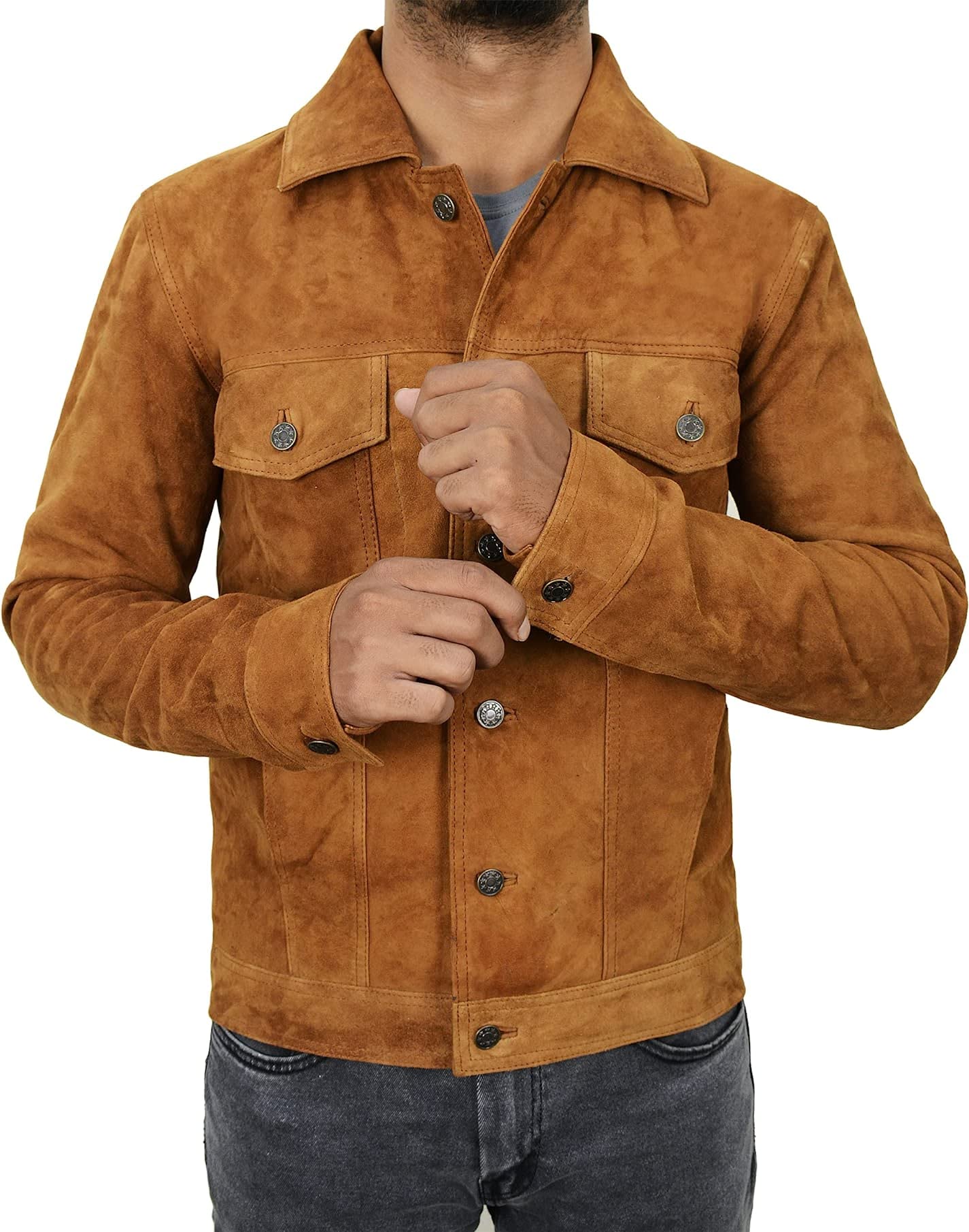 Genuine Suede Leather Jacket for Men - Slim Fit Classic Trucker Coat in Camel Brown (XS) | III-1001 | Perfect for Casual Outings, Date Nights & Motorcycle Rides