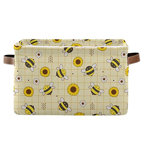 Waterproof Collapsible Storage Basket with PU Handles - Cute Bee & Sunflower Design for Nursery, Laundry, or Home Organization | Foldable Organizer Bin for Baby Clothes, Toys & Essentials (1 Pack)