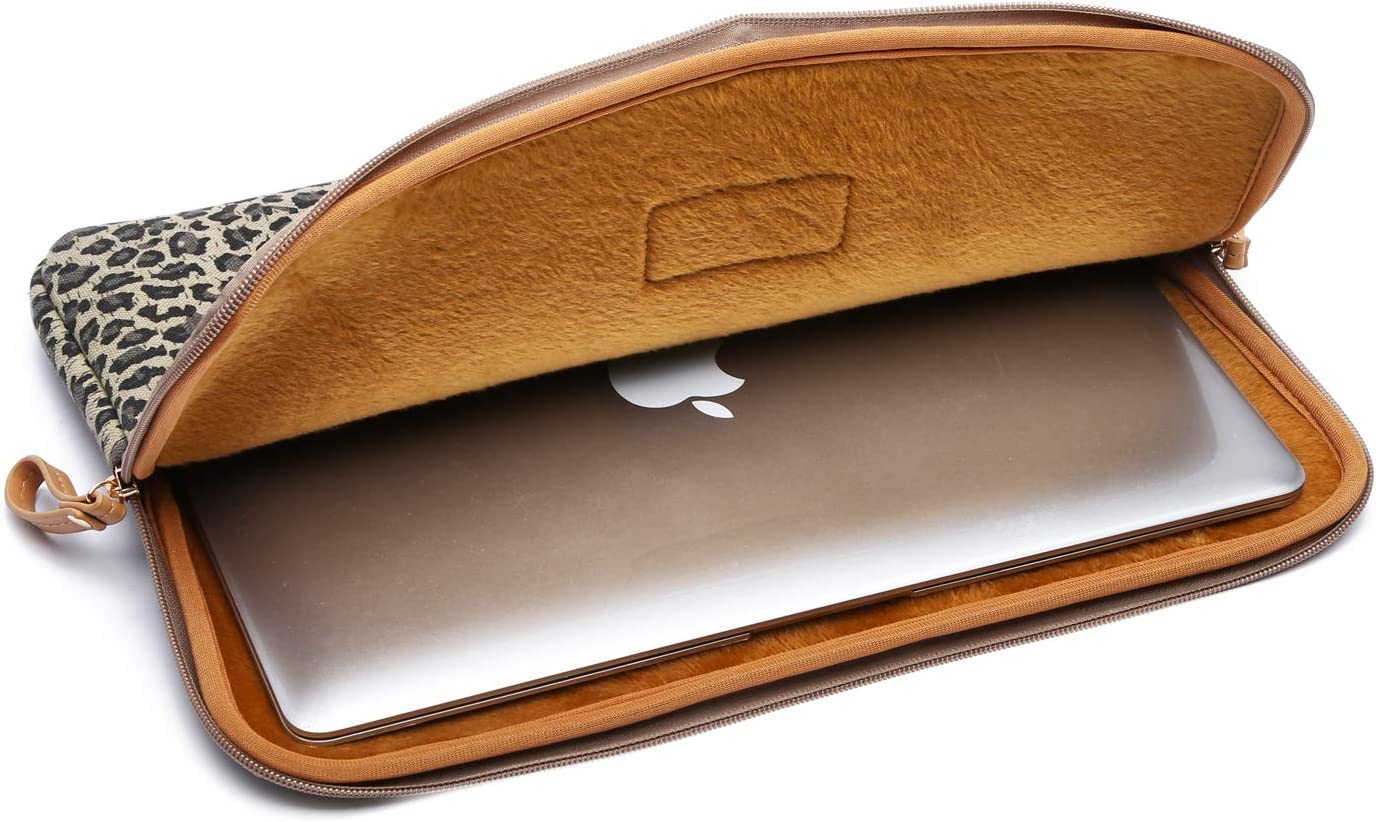 **XSKN 15.6 Inch Yellow Canvas Laptop Sleeve with Stylish Leopard Print – Compatible with MacBook Pro 16, Dell, HP, Lenovo & More – Perfect for Work, Travel & School**
