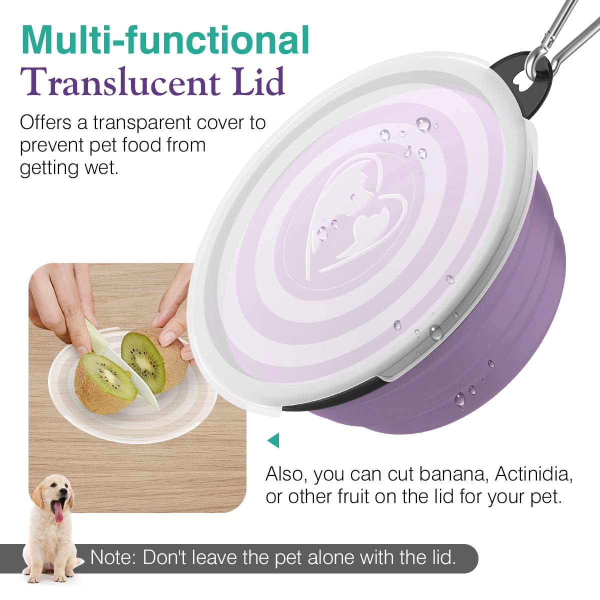 Pawaboo 2 Pack Collapsible Dog Bowls - 1000ml Silicone Pet Food & Water Bowls with Lids & Carabiners for Dogs & Cats | Portable Travel Feeding Bowls for Hiking, Camping, Home & Outdoor Use (Violet+Turquoise)