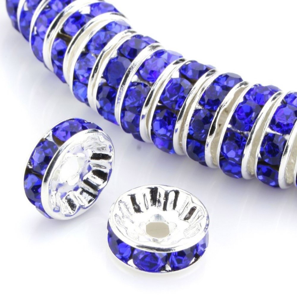 100pcs Adabele AAA Grade 5mm (0.2 Inch) Sapphire Blue Rhinestone Rondelle Beads - Silver Plated Brass Spacer Beads for DIY Jewelry Making, Craft Projects - Perfect for Necklaces, Bracelets, Earrings & Home Decor
