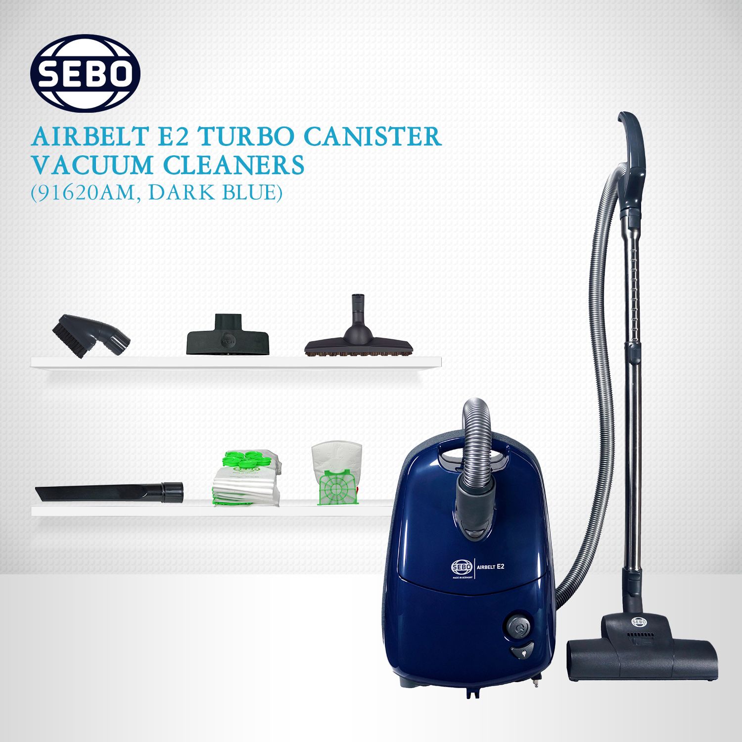 SEBO Airbelt E2 Turbo Canister Vacuum Cleaner 91620AM - Powerful Suction, HEPA Filtration, Quiet Operation (Dark Blue) - Ideal for Pet Hair, Allergies & Hard Floor Cleaning