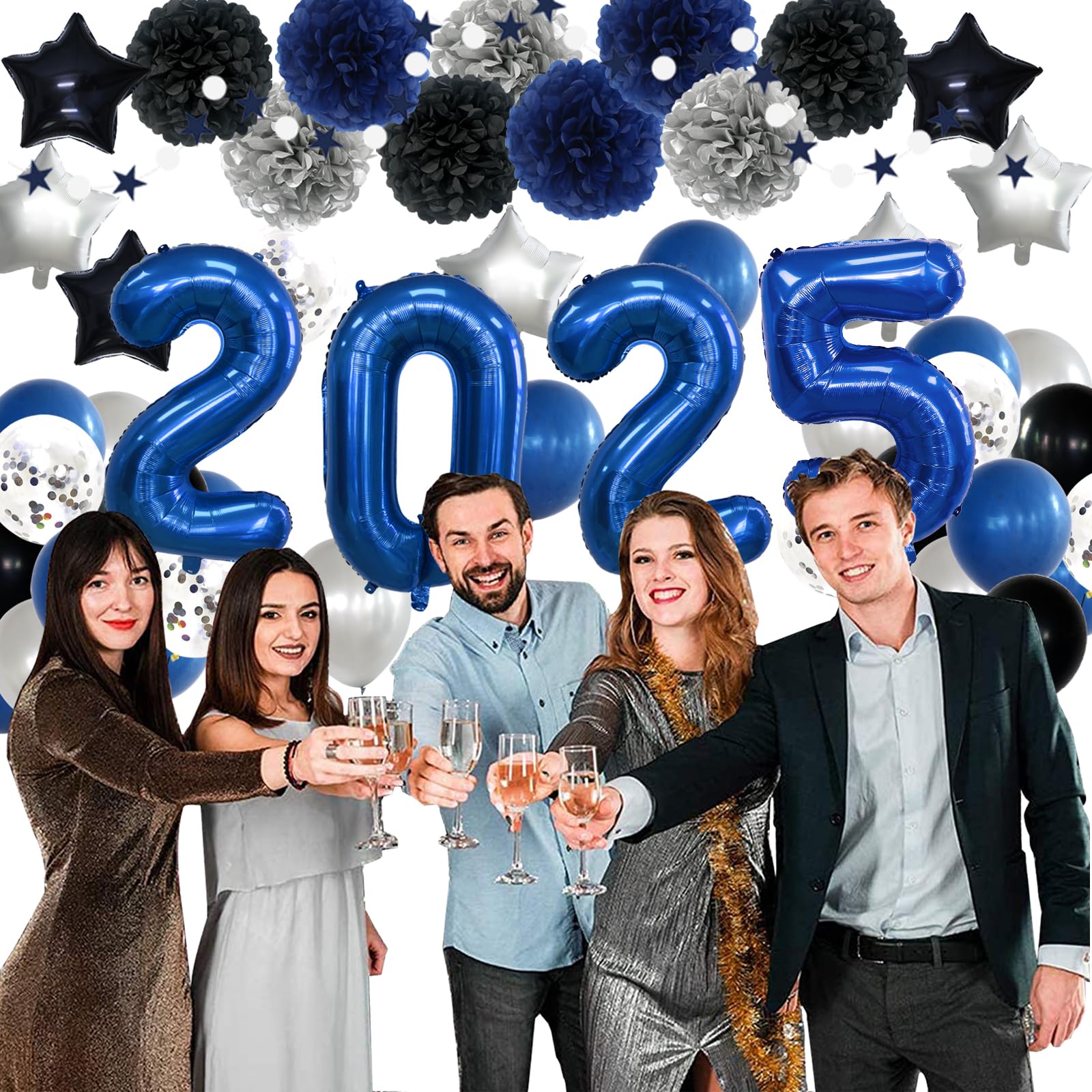 2025 Graduation Party Decorations - Blue & Black Class of 2025 Balloons, Banner, Garland & Pom Poms for New Year's Eve & Graduation Celebrations - Perfect for School Events, Home Decor & Photo Backdrops