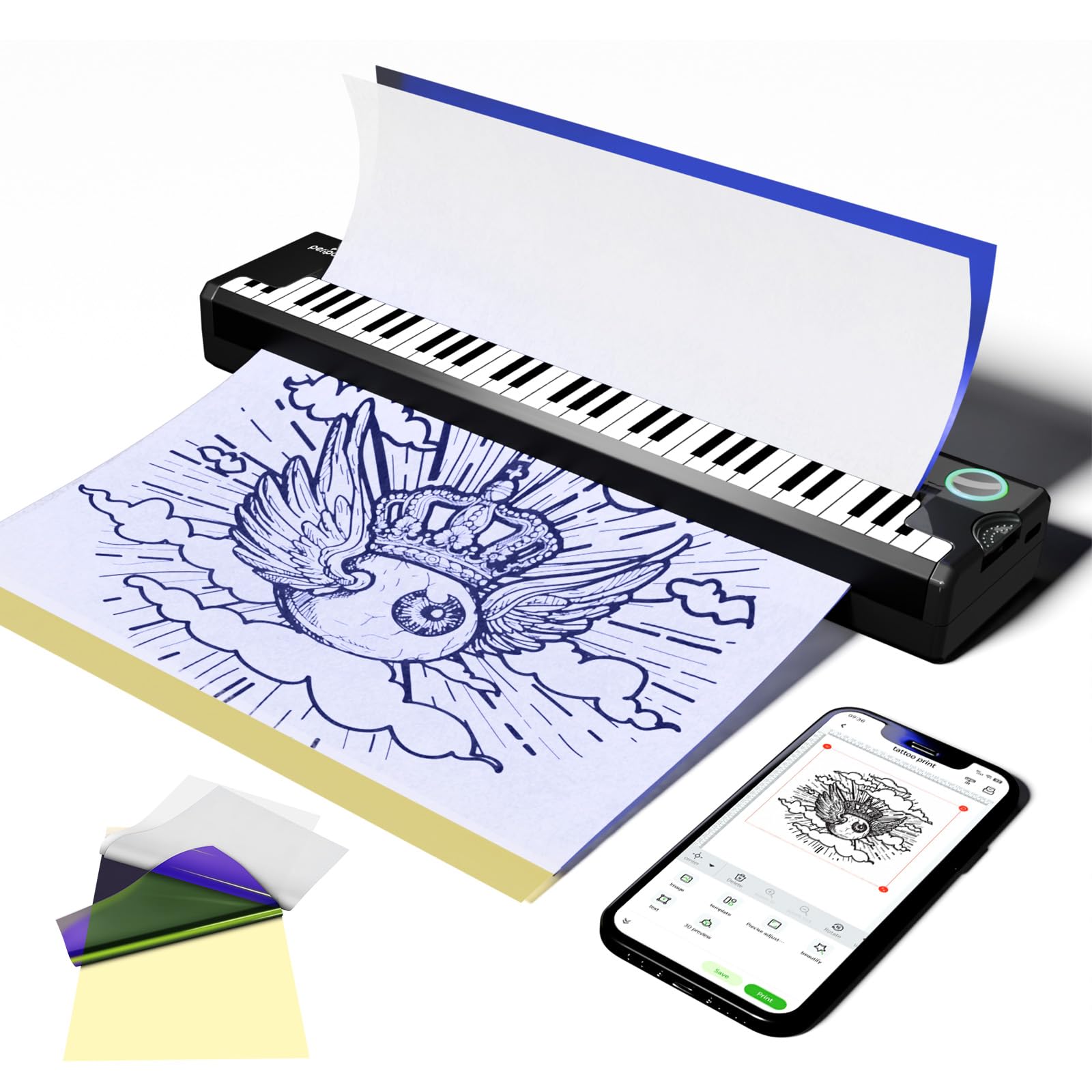 P90-Pino Wireless Tattoo Stencil Printer - Inkless Thermal Tattoo Machine with Piano Design | Portable Tattoo Printer Kit for Phone, Tablet & PC | Perfect for Professional Tattoo Artists & Home Tattoo Enthusiasts