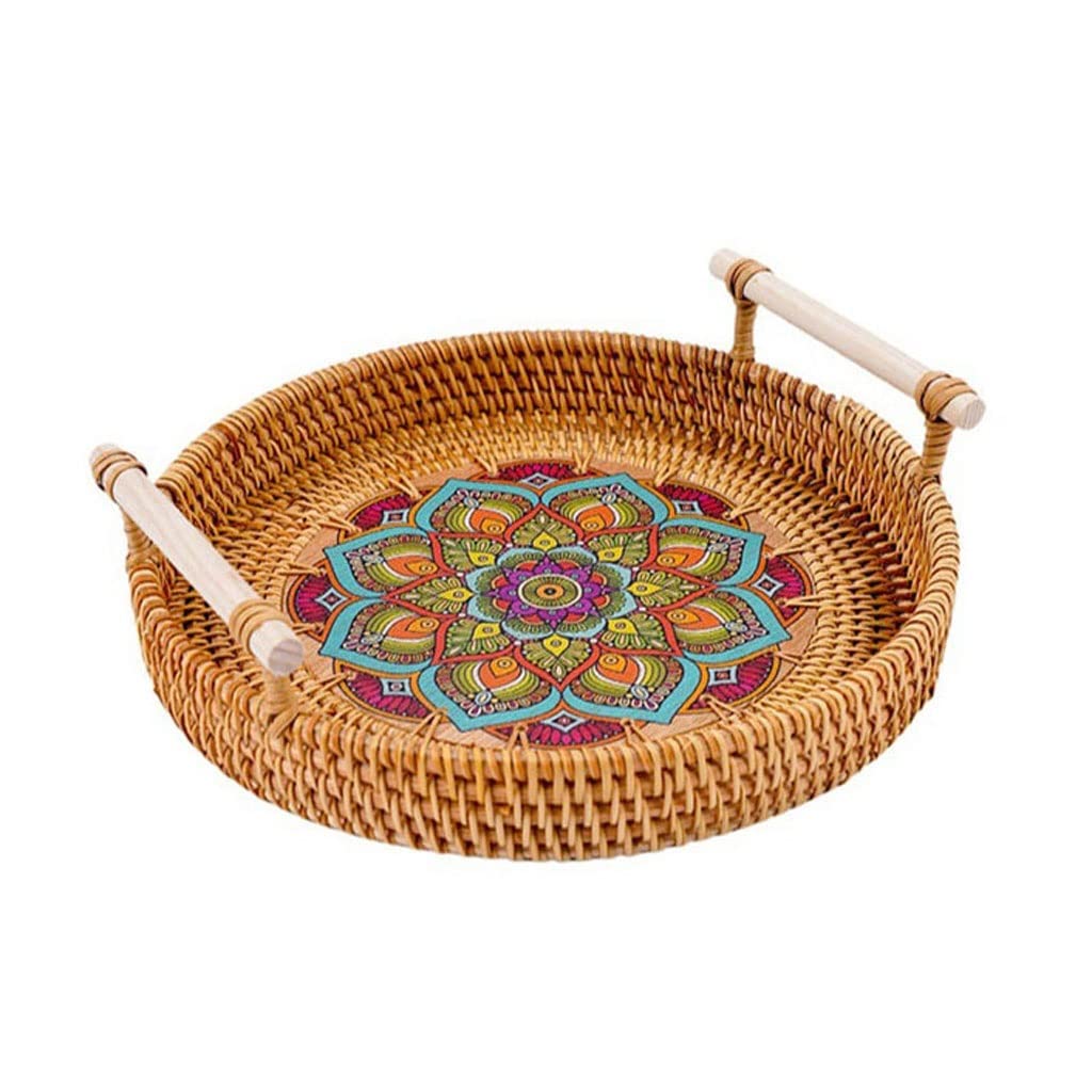 Round Wicker Basket - Handwoven Rattan Serving Tray for Bread, Fruit, Cake & Dinner Plates | Natural Storage Tray for Kitchen, Dining & Party Use | Medium Size (Color A)