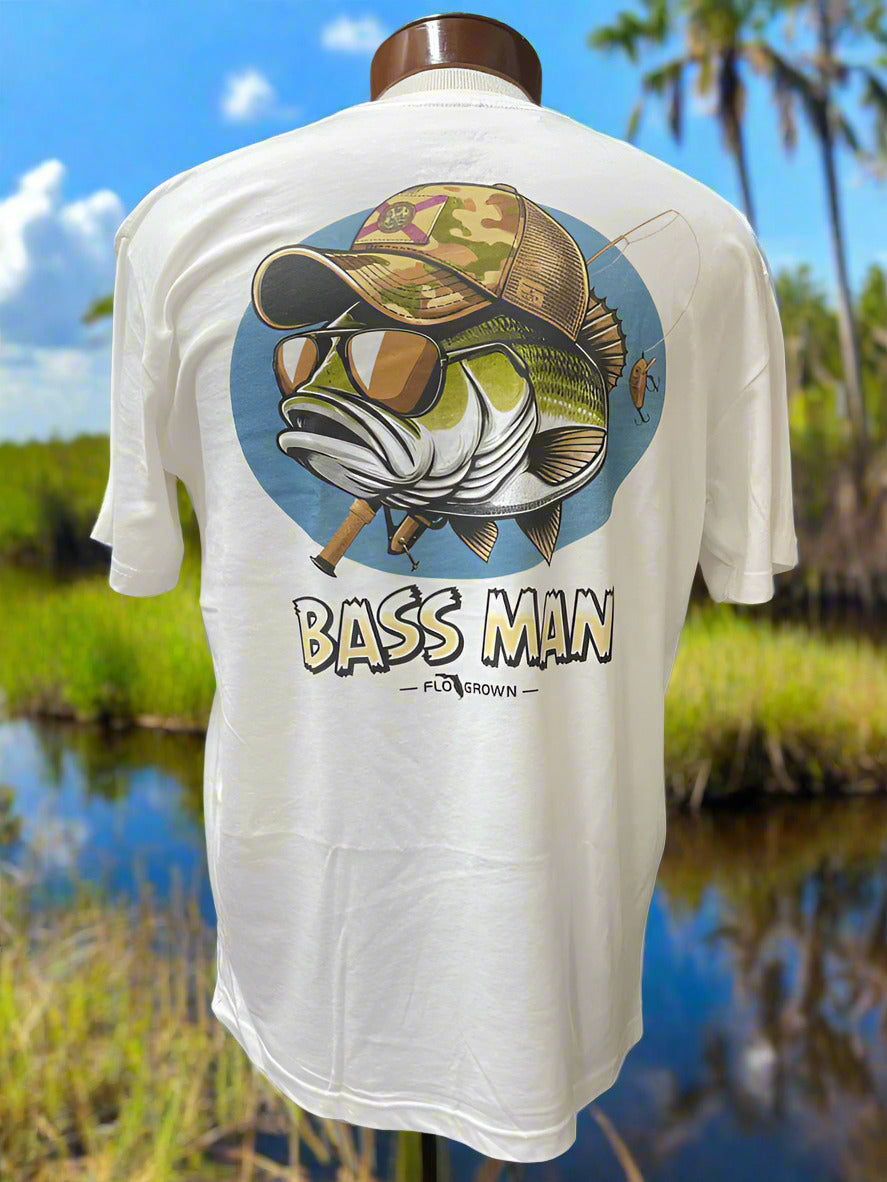 FloGrown FGM 1850 Men's Bass Fishing T-Shirt - White - Comfortable & Durable Fishing Apparel for Anglers - Perfect for Fishing Trips, Outdoor Adventures & Casual Wear
