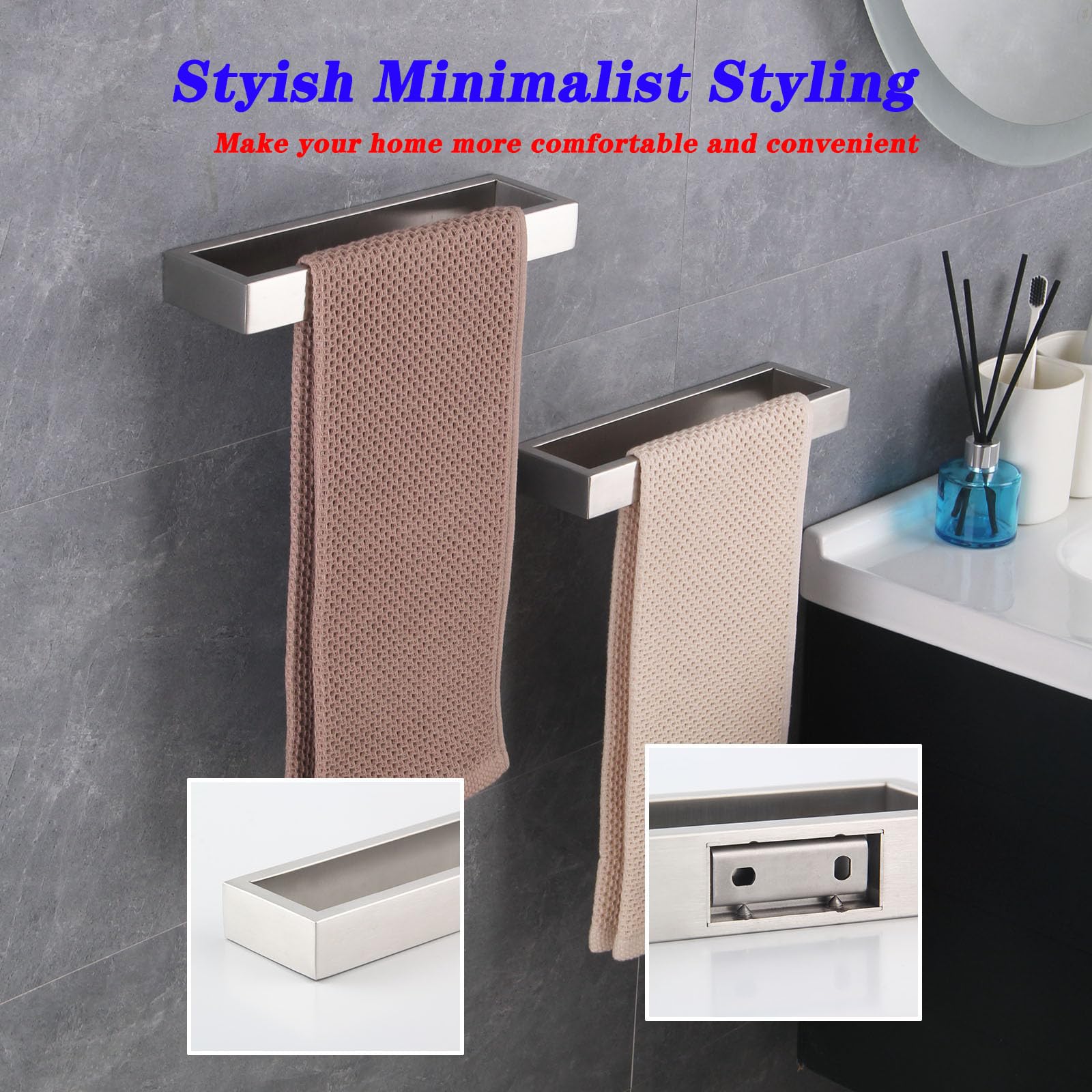 Modern Square Towel Holder - Brushed Stainless Steel Wall Mounted Towel Hanger & Ring Set (2 Pack) - Bathroom Accessories for Spa, Hotel & Home Decor - HG1716-2LS