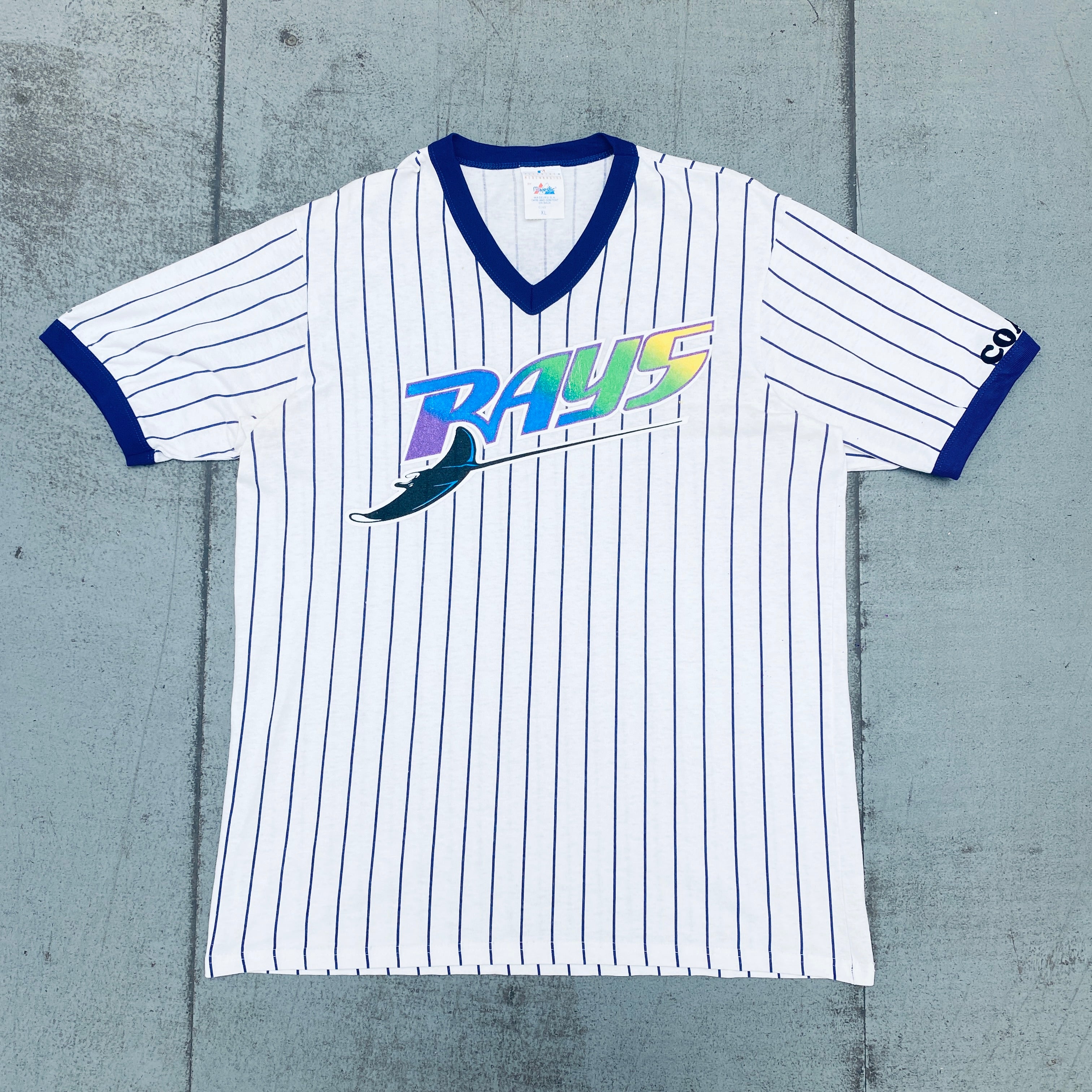 1998 Tampa Bay Devil Rays Inaugural Season Majestic Pinstripe Baseball T-Shirt (Large) - Vintage MLB Fan Apparel for Baseball Games & Retro Sports Collections