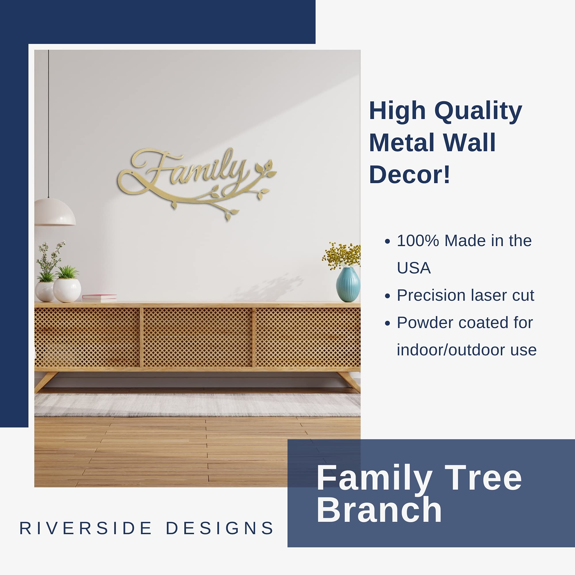 Riverside Designs Family Cursive Word Metal Wall Art Sign | Premium Heavy-Duty Home Decor for Living Room, Bedroom & Office | Made in USA - Gold 36 Inch | Perfect for Housewarming Gifts & Farmhouse Style Interiors