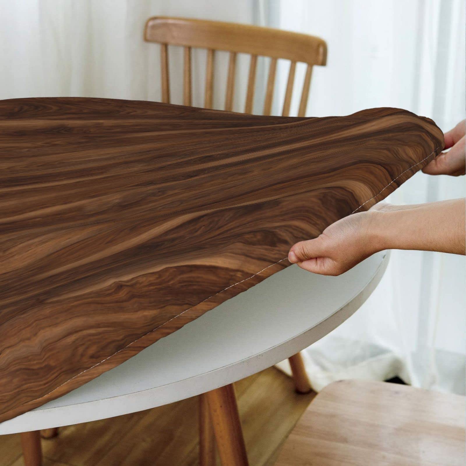 WOAIDY Elastic Edged Round Wood Fitted Tablecloth Cover - Stretchable Decorative Table Cloth for Indoor & Outdoor Kitchen, Dining, Party (Fits 45