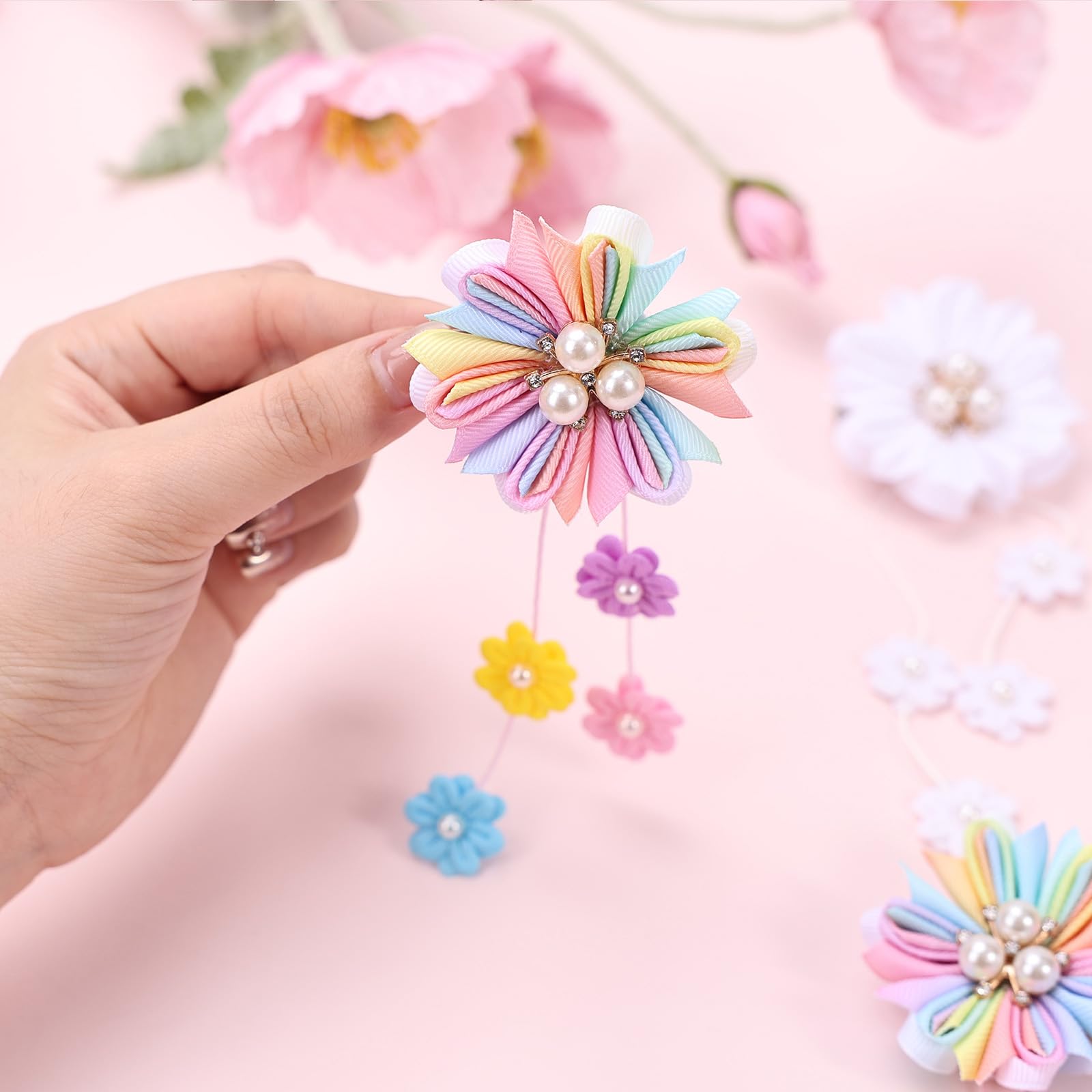 OAOLEER 6PCS Girls Hair Bows with Alligator Clips - Flower Hair Accessories for Kids & Teens - Grosgrain Ribbon Bows for School, Parties, Weddings & Special Occasions (Flower Bows-A)