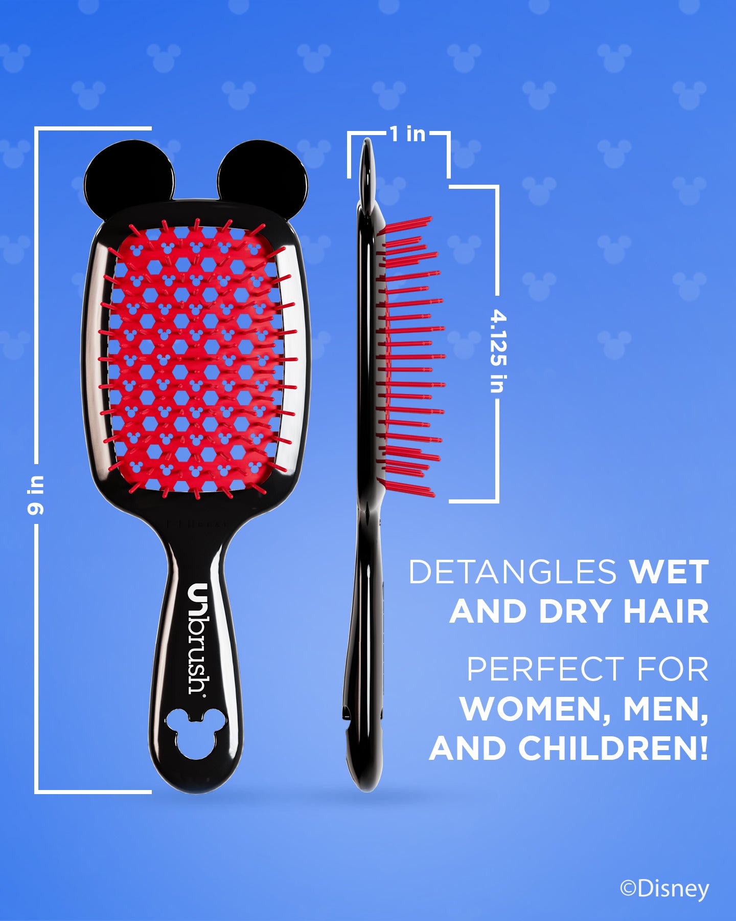 Disney Mickey Mouse Detangling Hair Brush for Kids & Adults - Gentle Knot-Free Styling for Wet & Dry Hair - Perfect for Home, Travel & Salon Use
