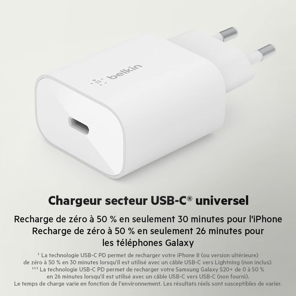 Belkin 25W BoostCharge USB-C Wall Charger with PPS & Power Delivery - Fast Charging for iPhone 16/15/14, Samsung Galaxy S24/S23, iPad, Google Pixel - Includes USB-C to USB-C Cable (Perfect for Travel, Home & Office Use)