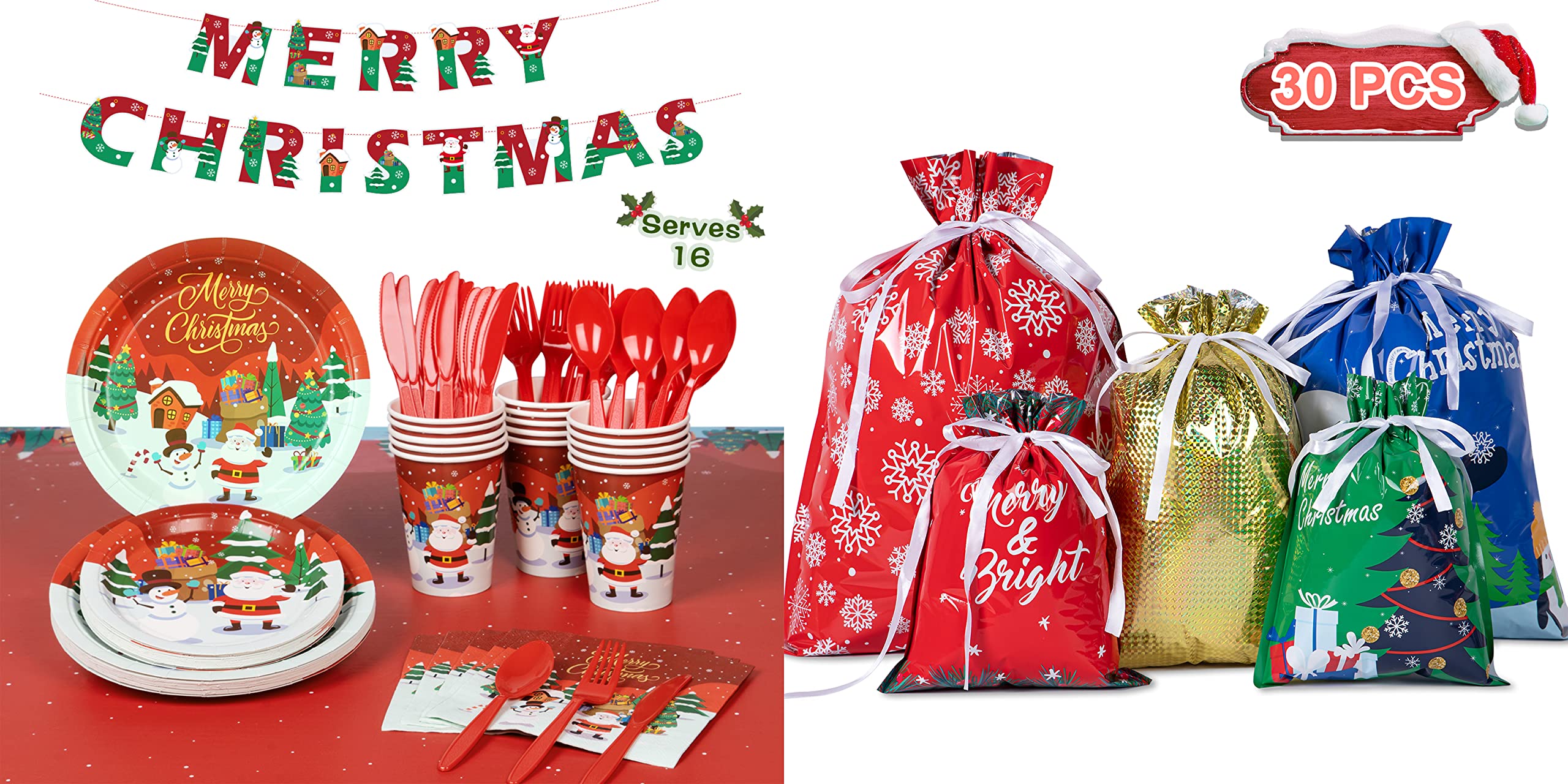 Christmas Party Supplies Set - 16 & 30 PCS Assorted Size Gift Bags for Holiday Celebrations, Office Parties & Family Gatherings