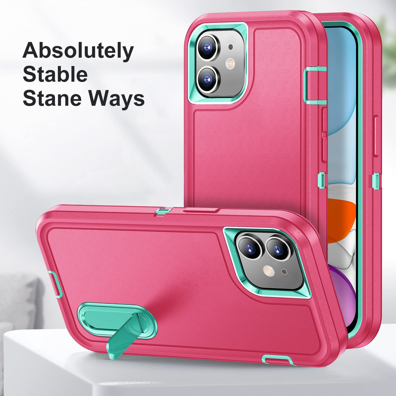BaHaHoues Shockproof Military Grade iPhone 11 Case with Built-in Kickstand | Drop-Proof Protective Cover for iPhone 11 6.1 Inch (Pink/Aqua Blue) | Perfect for Outdoor Activities, Travel & Daily Protection