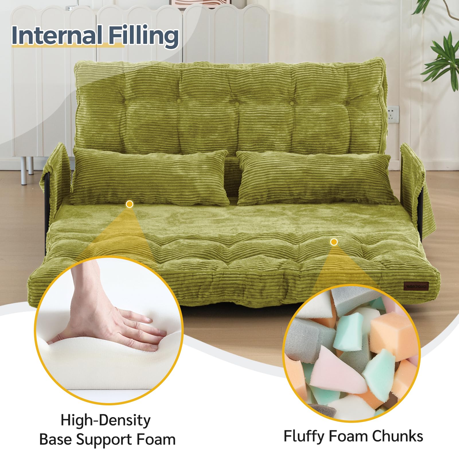 MAXYOYO Adjustable Floor Sofa Bed with 2 Pillows - Multi Functional Bean Bag Sleeper Bed with Armrest for Reading, Gaming & Relaxing - Perfect for Small Spaces, Dorm Rooms & Living Rooms (Green)
