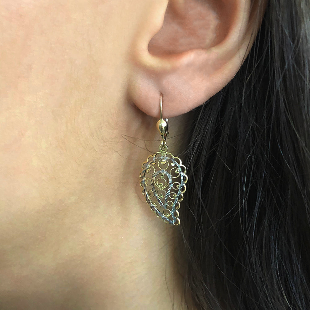 9ct Yellow Gold & White Gold Drop Earrings - Elegant Filigree Leaf Design Jewelry for Women | Perfect for Weddings, Parties & Special Occasions