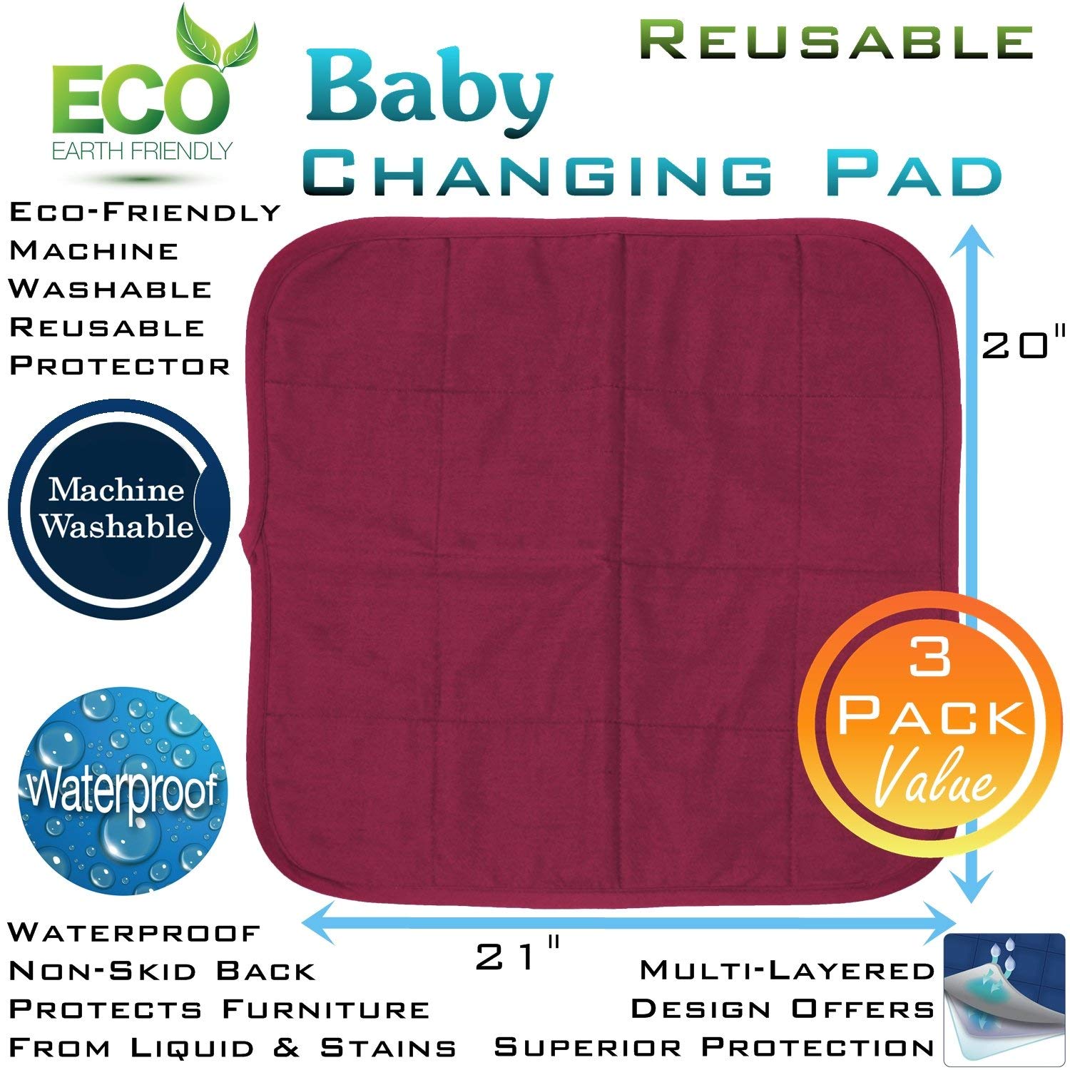 **Premium Baby Changing Pad – Ultra Absorbent & Reusable Diaper Changing Mat – Portable Waterproof Toddler Changing Liner (Burgundy, 3 Pack) – Perfect for Nursery, Travel & On-the-Go Diaper Changes**
