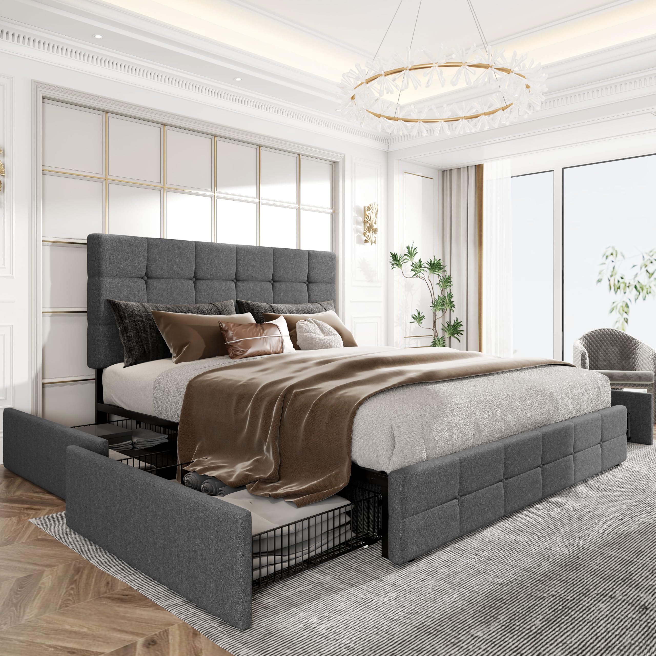 HOOMIC Queen Size Storage Bed Frame with 4 Drawers & Adjustable Headboard - No Box Spring Needed, Wooden Slats, Noise Free, Easy Assembly - Dark Grey Tufted Platform Bed for Bedroom, Guest Room, Dorm