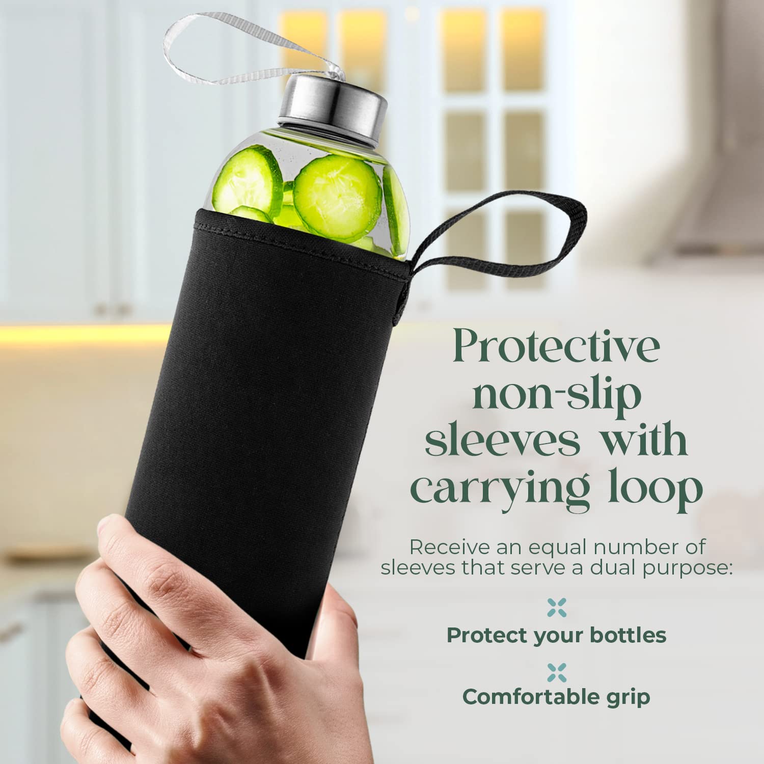 24oz Glass Water Bottles with Nylon Sleeves - 6 Pack BPA Free, Leak Proof & Portable - Ideal for Water, Juice, Smoothies at Home, Gym or Outdoor Activities
