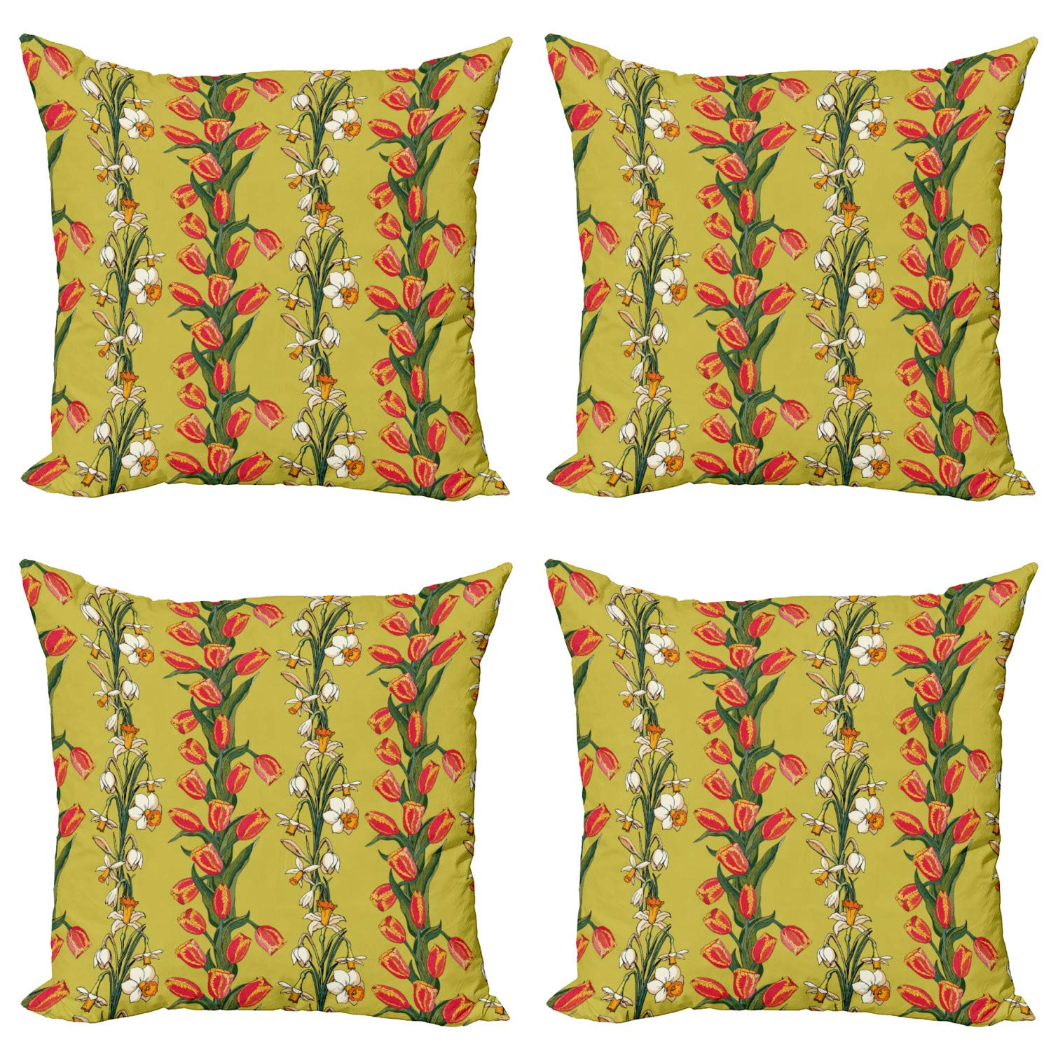Ambesonne Floral Throw Pillow Covers Set of 4 - Tulip & Daffodil Leaf Pattern, Double-Sided Digital Print Modern Home Decor (16x16 Inch, Khaki Multicolor) for Living Room, Bedroom & Sofa