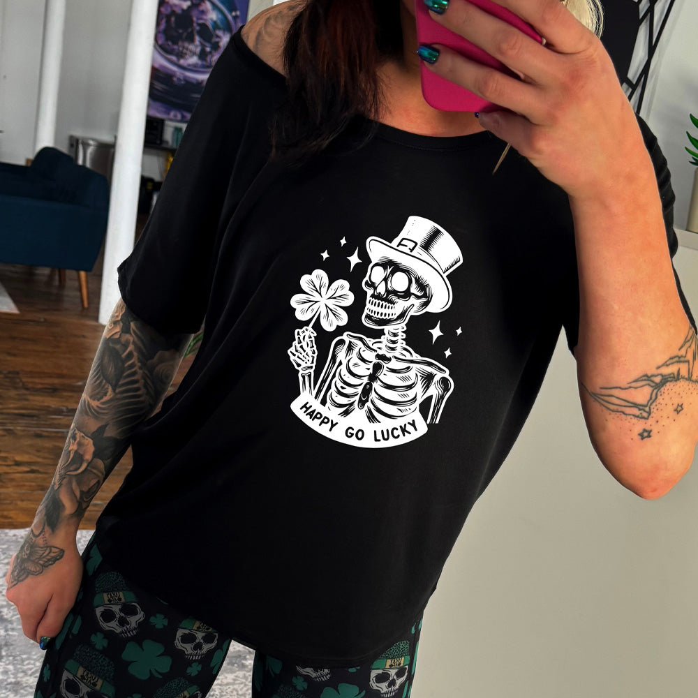 Happy Go Lucky Skeleton Graphic Slouchy T-Shirt - Casual Comfort Fit for Men & Women | Perfect for Halloween, Parties & Everyday Wear