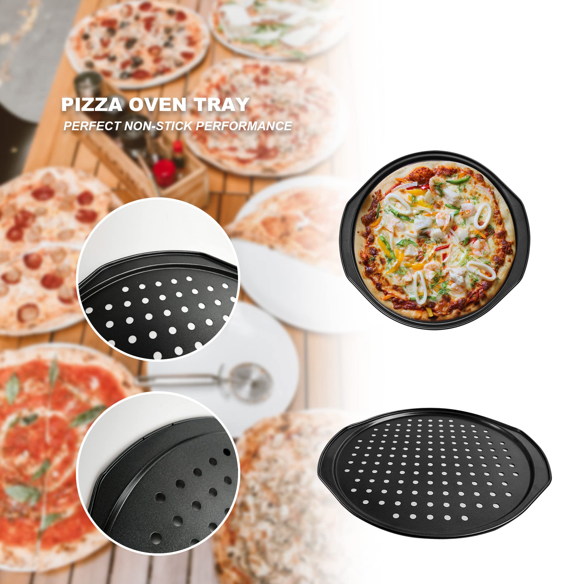 AZKEEGREY 2 Pack 14 Inch Non-Stick Pizza Pans for Oven - Carbon Steel Round Pizza Trays with Holes & Handles (30cm Inside Diameter) - Perfect for Baking, Reheating & Serving Homemade Pizzas, Breads & Pastries