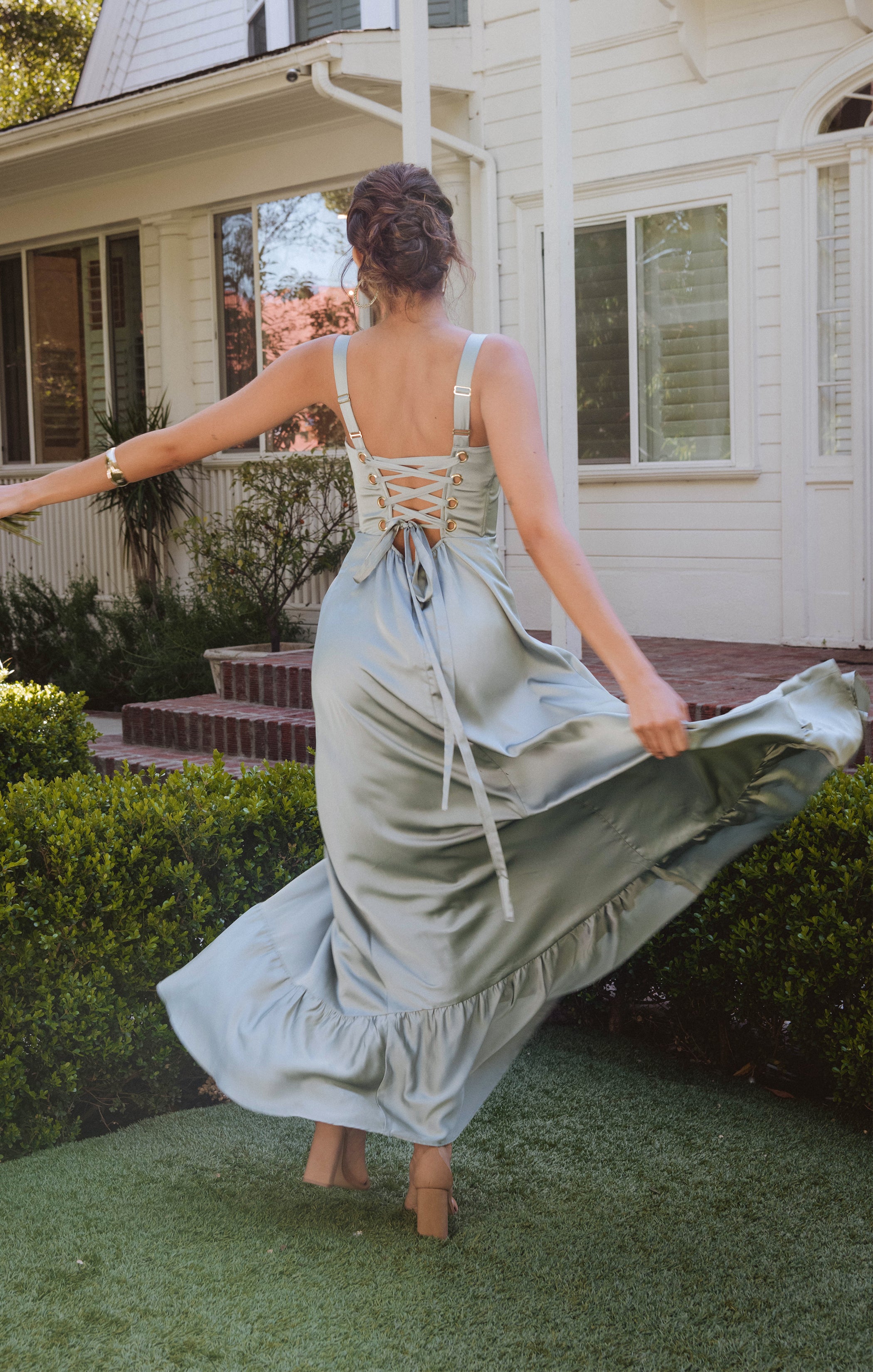 Clarissa Corset Dress in Silver Sage - Luxe Satin Corset Top & Skirt Set for Women | Elegant Evening Gown for Weddings, Parties & Special Occasions