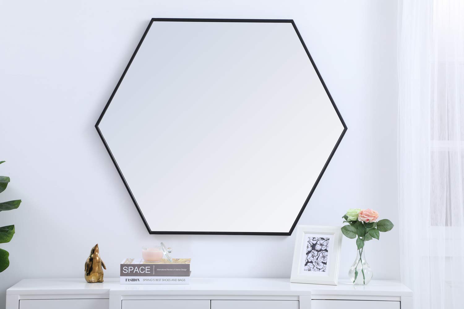 41 Inch Black Metal Frame Hexagon Mirror - Modern Wall Decor for Living Room, Bedroom & Bathroom