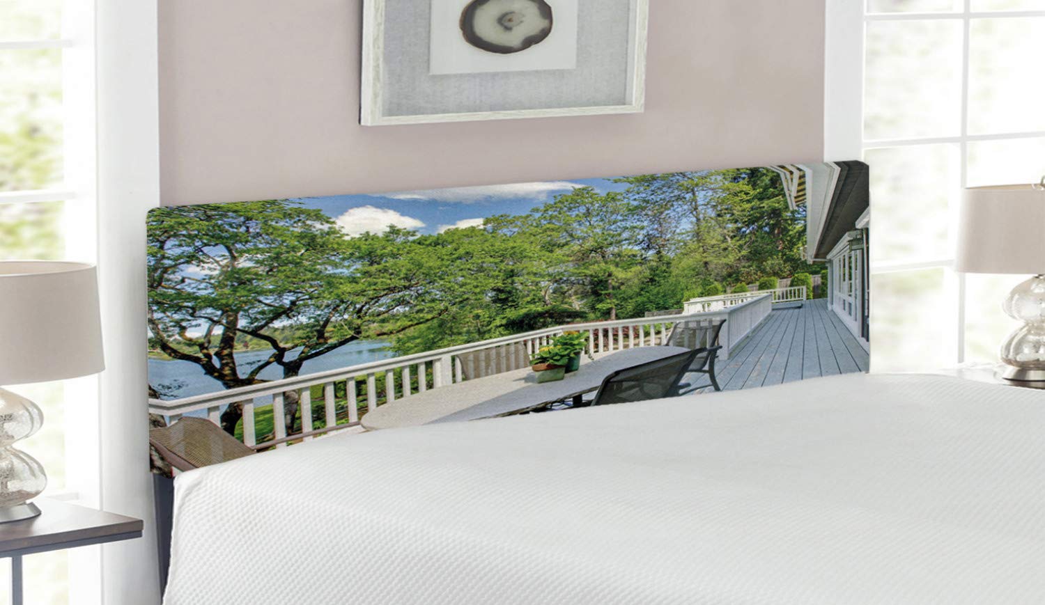 Ambesonne Modern Upholstered Headboard with Memory Foam - Queen Size Decorative Metal Bed Headboard in White, Green & Sky Blue - Peaceful Woods & Sunny Sky Design for Bedroom, Patio or Balcony Decor