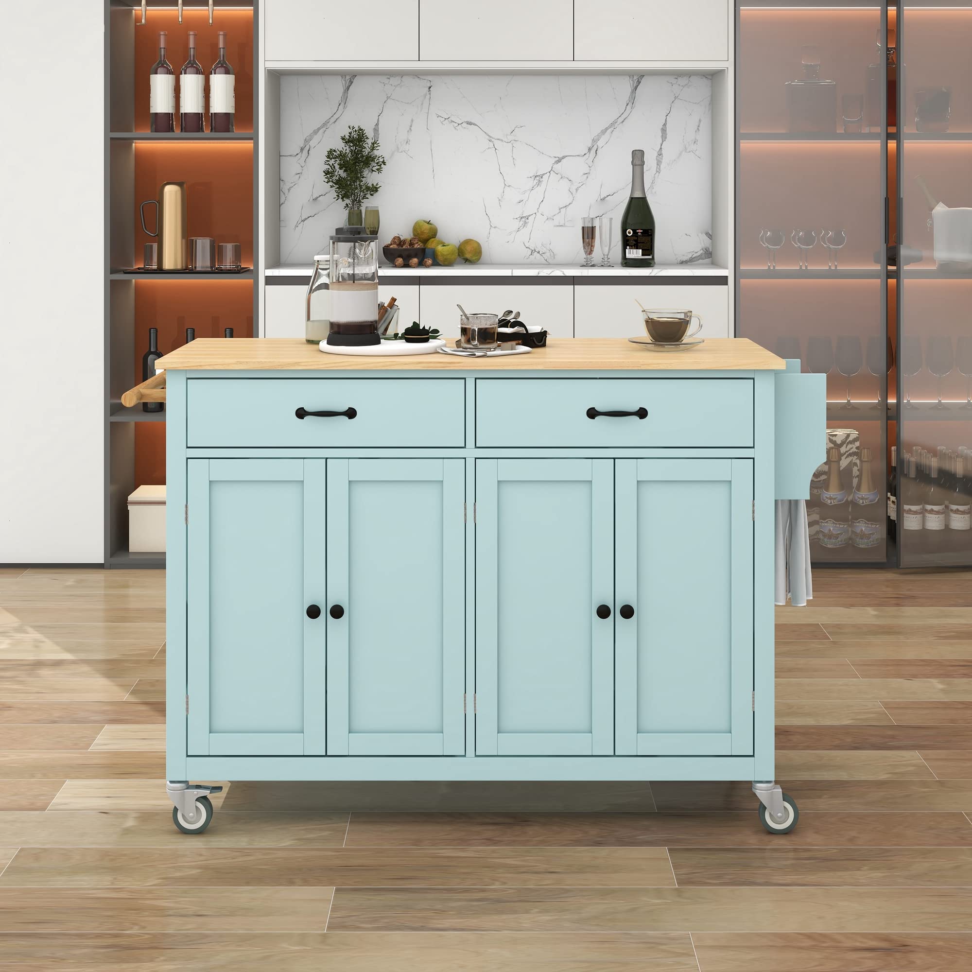 Rolling Kitchen Island Cart with Storage - Mobile Wood Top Kitchen Cart with Cabinet, Drawer, Spice Rack & Towel Rack - Mint Green Moveable Dining Table for Small Spaces, Apartment Cooking & Kitchen Organization