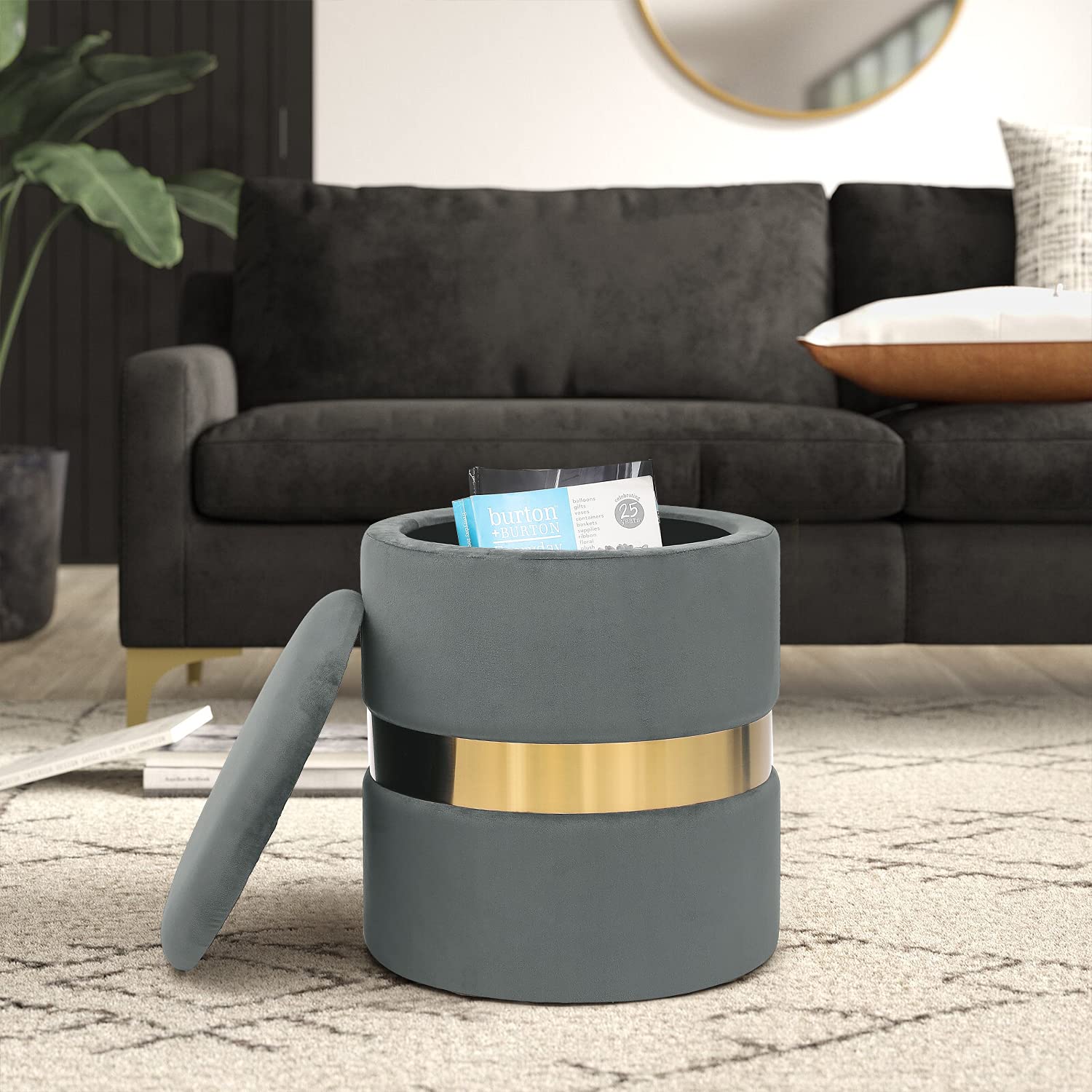 Furnistar Round Velvet Storage Footstool Ottoman (Set of 2) - Gray - Multi-Functional Living Room Footrest & Bedroom Makeup Vanity Stool with Hidden Storage Compartment - Perfect for Home Decor, Lounge Seating & Beauty Station Organization