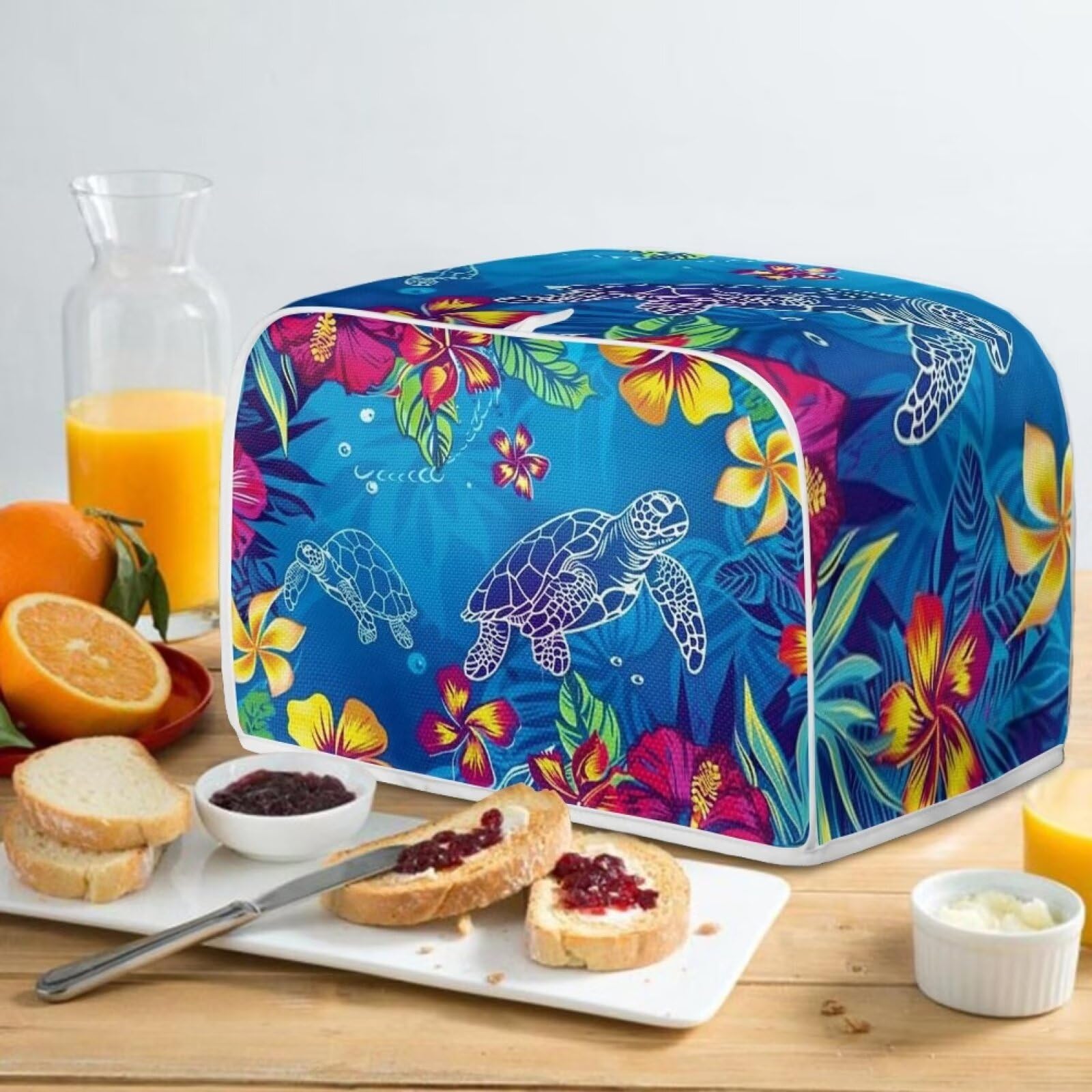 Sea Turtle Bread Toaster Cover 2 Slice - Dustproof & Anti-Fingerprint Toaster Oven Cover - Decorative Kitchen Appliance Protector - Blue Plumeria Design - Perfect for Home, Office, and Dorm Use