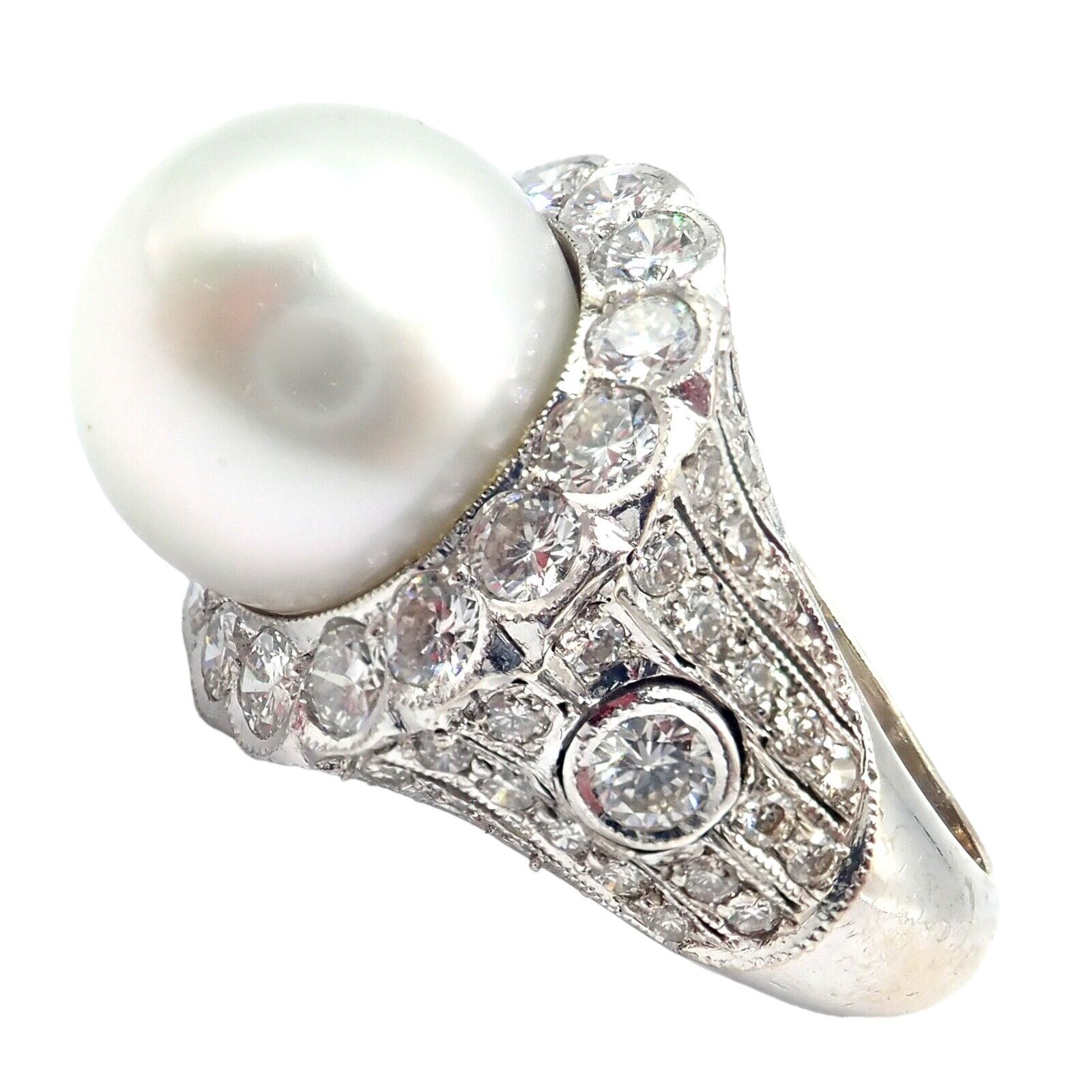 Vintage 18k White Gold Diamond & 12.5mm Pearl Cocktail Ring for Women - Elegant Bridal, Anniversary, or Evening Party Jewelry Gift