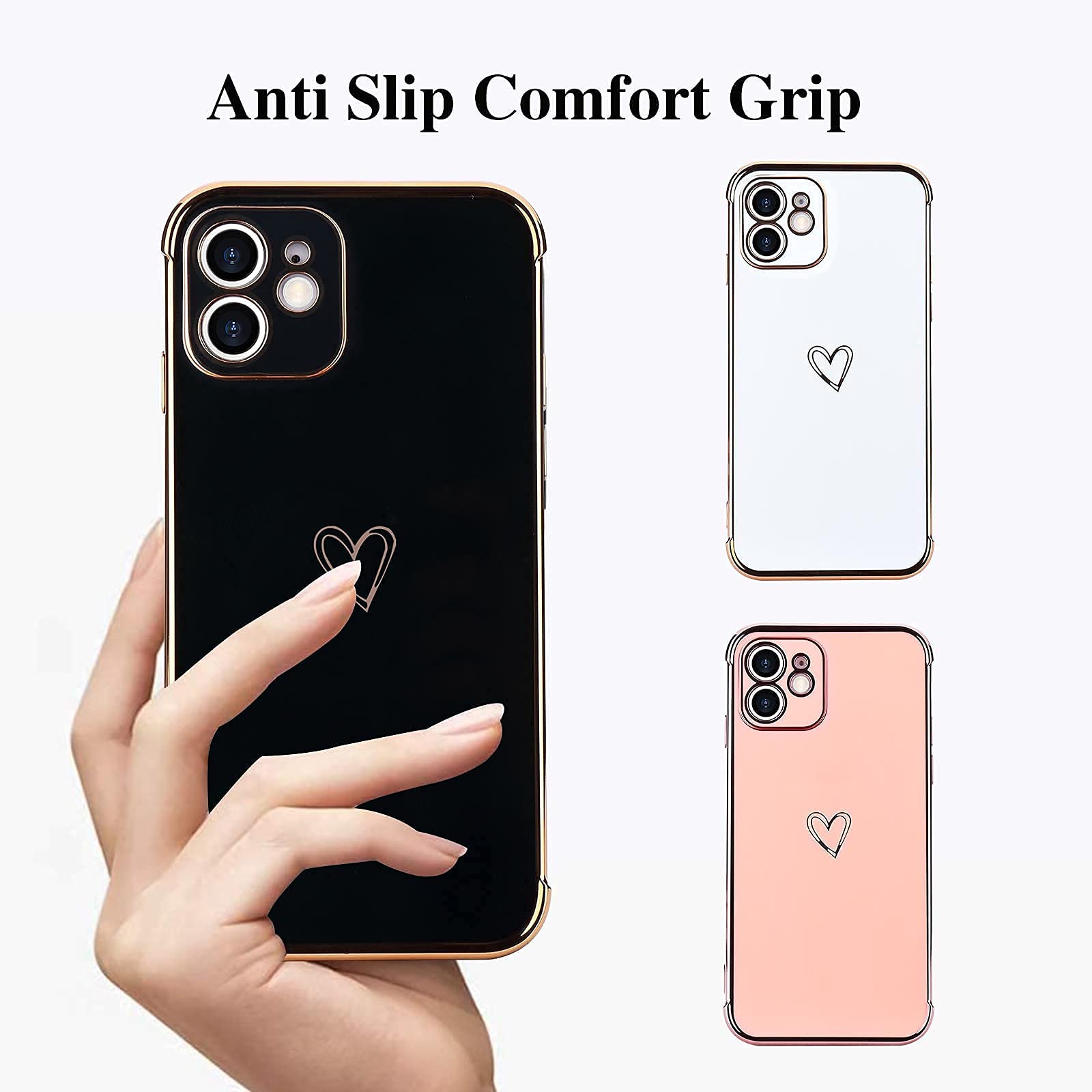 Cute Love Heart iPhone 12 Pro Max Case - Luxury Plating Shockproof Silicone Cover with Camera Protection | Slim Soft Bumper Phone Case for Women & Girls | Perfect for Daily Use, Work, Travel & Gift Giving (Black)
