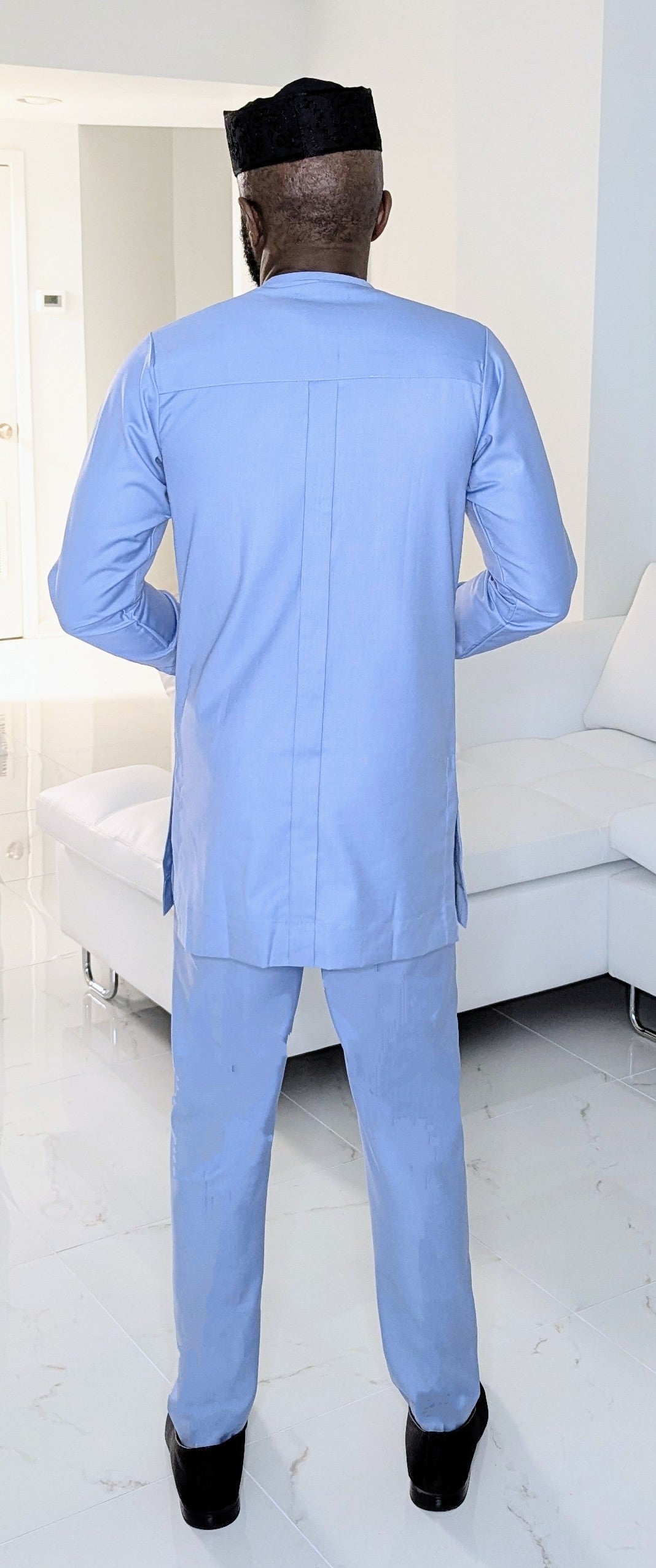African Senator Dashiki Shirt & Pants Set - Blue Embroidered Long Sleeve Pullover with Matching Drawstring Waist Pants | Traditional Nigerian Attire for Men, Cultural Events, Weddings & Special Occasions