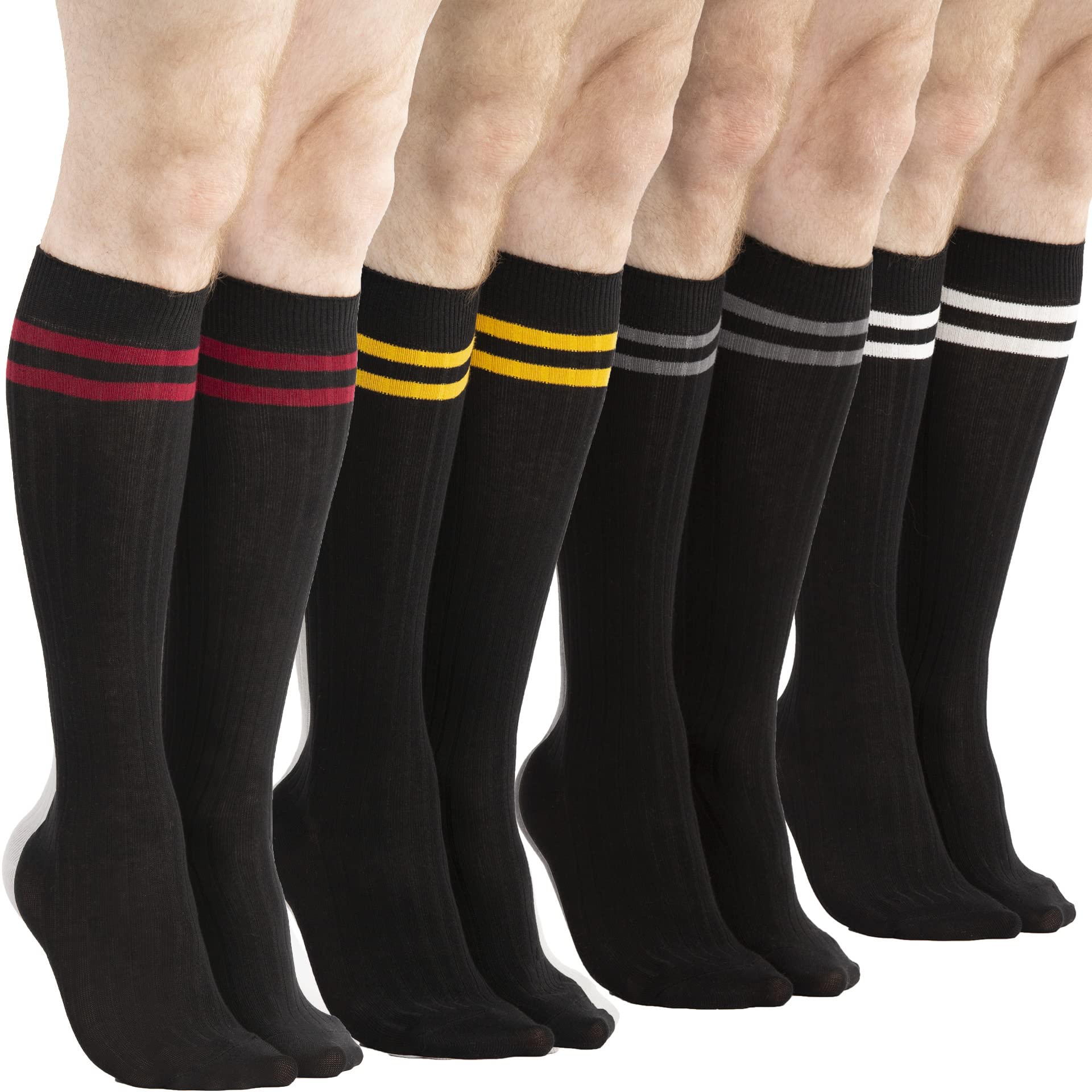 4 Pack Men's Knee High Cotton Striped Dress Socks - Over The Calf Formal Socks for Business & Office (Size 9-11) - Perfect for Work, Dress Shoes & Professional Outfits