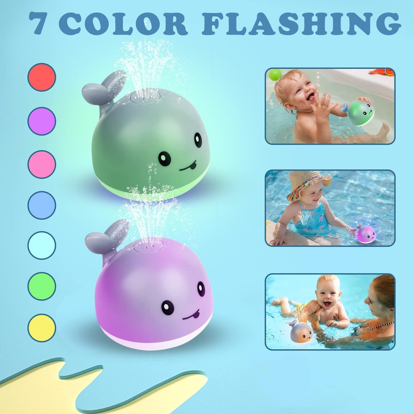 AURUZA Illuminated Baby Bath Toys - Waterproof Floating Pool Toys with LED Spray for Toddlers 3-5 Years | Safe Smooth Design for Bathtub & Swimming Fun | Perfect Sensory Bath Time Gift for Boys & Girls