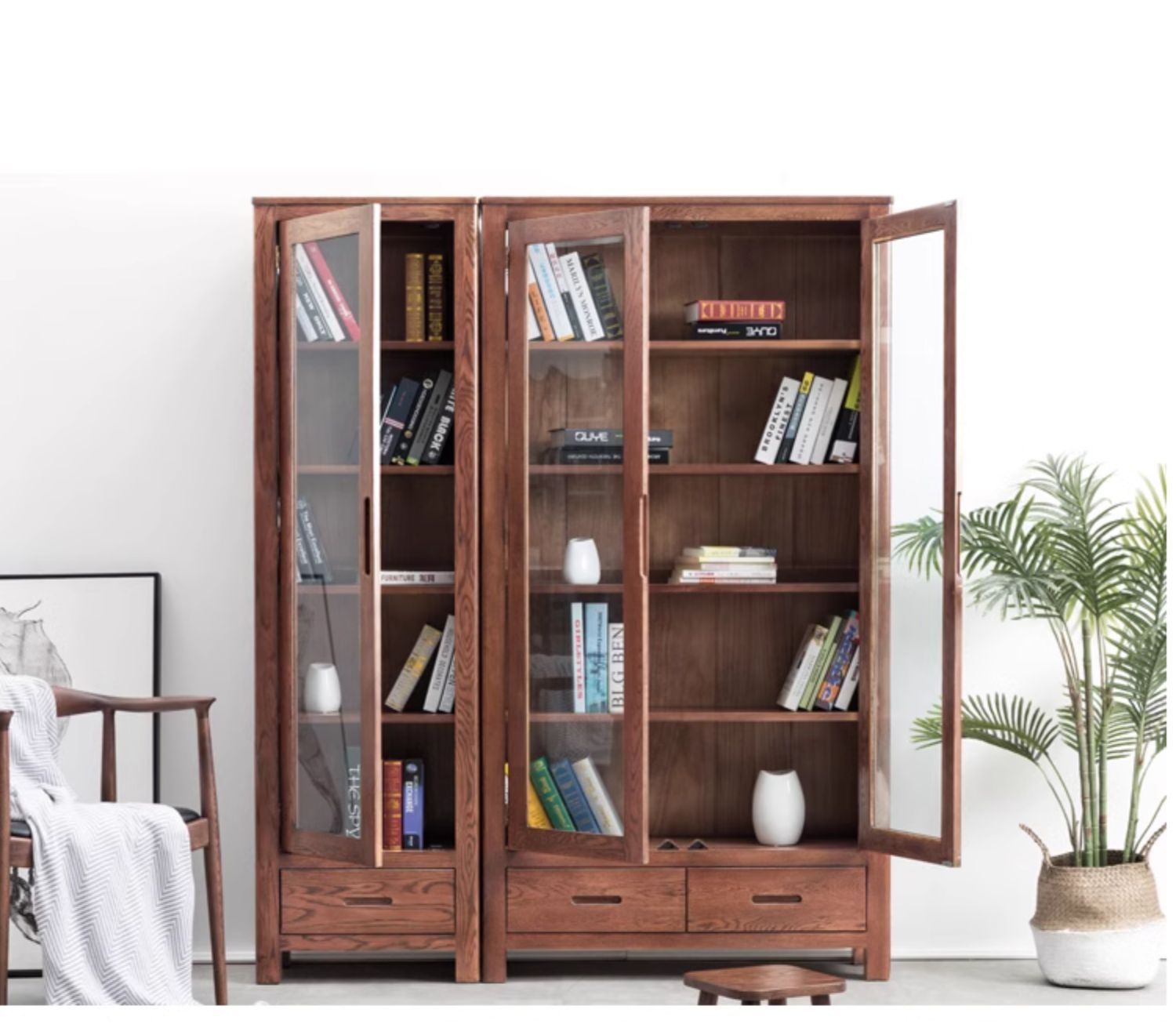 Oak Solid Wood Nordic Bookcase with Glass Door - Modern Bookshelf for Living Room, Office & Study - Perfect for Home Decor & Storage