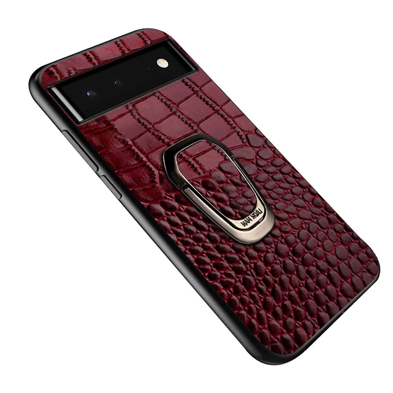 Magnetic Leather Case for Google Pixel 6A - Red Crocodile Pattern Genuine Cowhide Back Cover with Ring Holder & Kickstand | Compatible with Car Mount | Durable Protection for Work, Travel & Daily Use