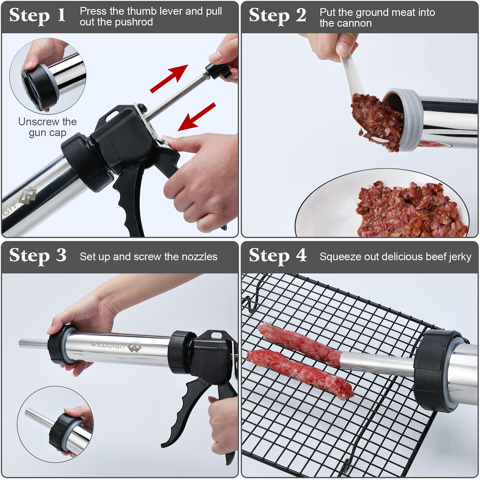 Premium Stainless Steel Beef Jerky Gun Kit - 5 Nozzles & Brushes Included - Perfect for Homemade Jerky, Snack Sticks & Pet Treats - Great for Camping, Hiking & Outdoor Adventures
