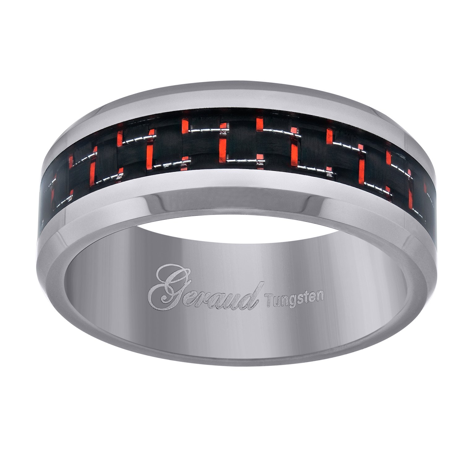 Tungsten Red Carbon Fiber Inlay Men's Wedding Band - Comfort-Fit 8mm Polished Beveled Edge Ring Size 7-14 - Perfect for Anniversary, Engagement & Everyday Wear
