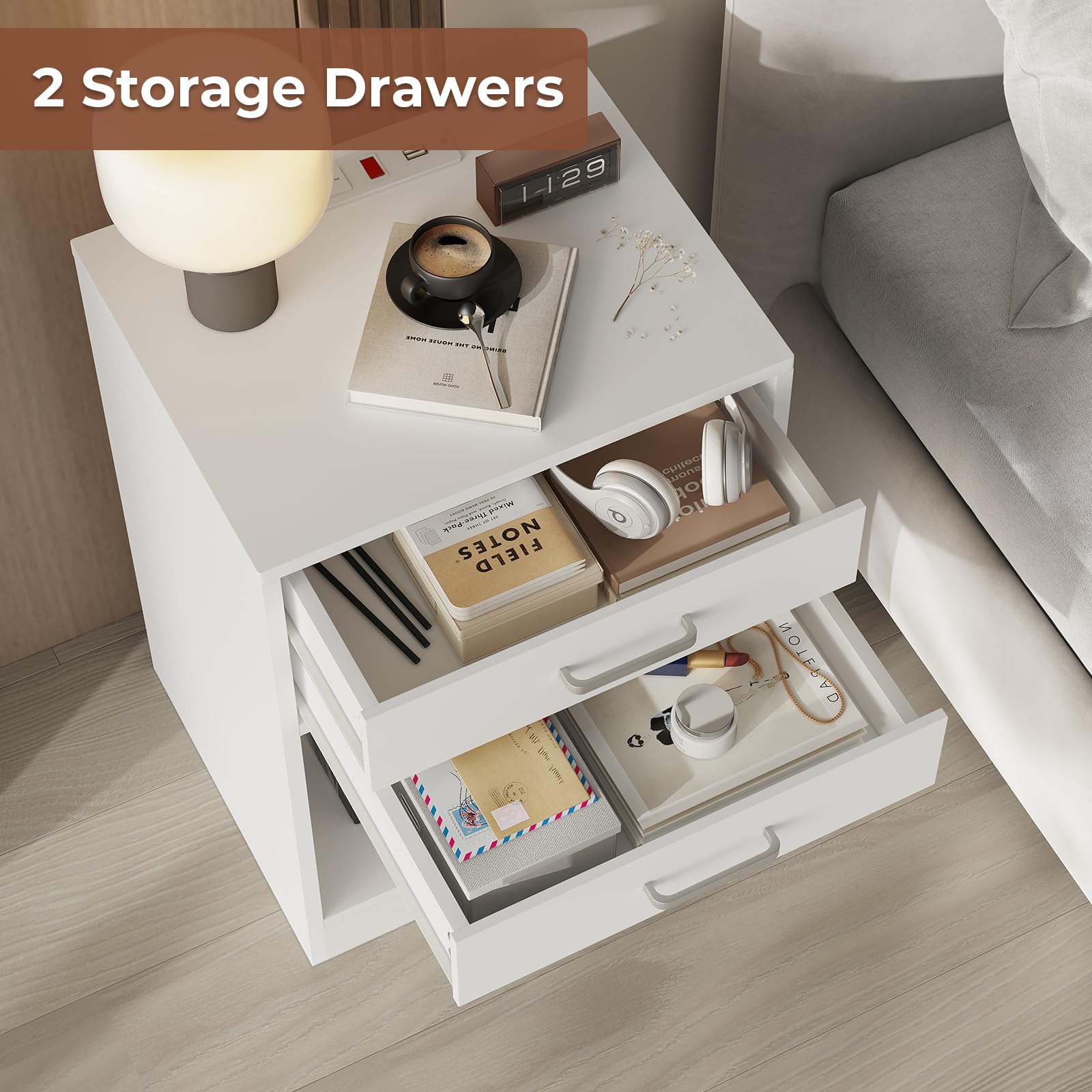 ADORNEVE Set of 2 White Nightstands with USB Charging Station & Storage Drawers - Modern Bedside Tables for Bedroom, Living Room, Guest Room (Perfect for Phones, Books, and Bedroom Essentials)