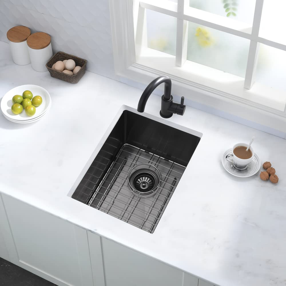 14 Inch Undermount Bar Sink Black - Hovheir 16 Gauge Stainless Steel Single Bowl Kitchen Sink (14x18 Inch) for Wet Bar, RV, Prep Station & Kitchen Island - Includes Bottom Grid - Durable & Stylish for Home & Commercial Use